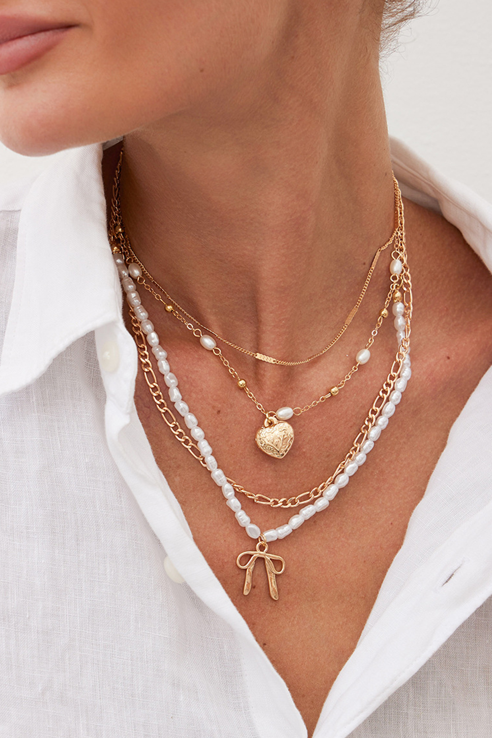 Gold Bow Heart Pendant Pearl Chaining Plated Necklace - loveforevers