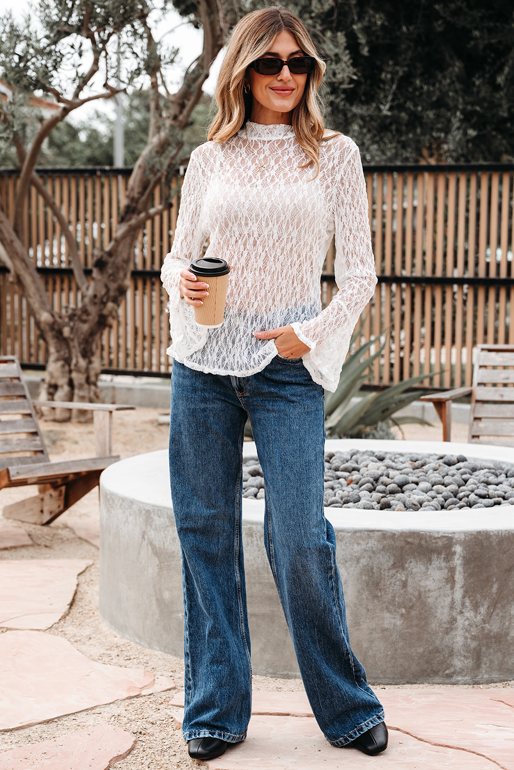 White Sheer Lace Bell Sleeve Mock Neck Blouse - loveforevers