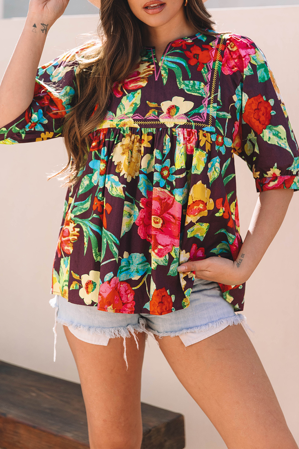 Greyish Purple Rose Flower Embroidered Trim Half Sleeve Blouse - loveforevers