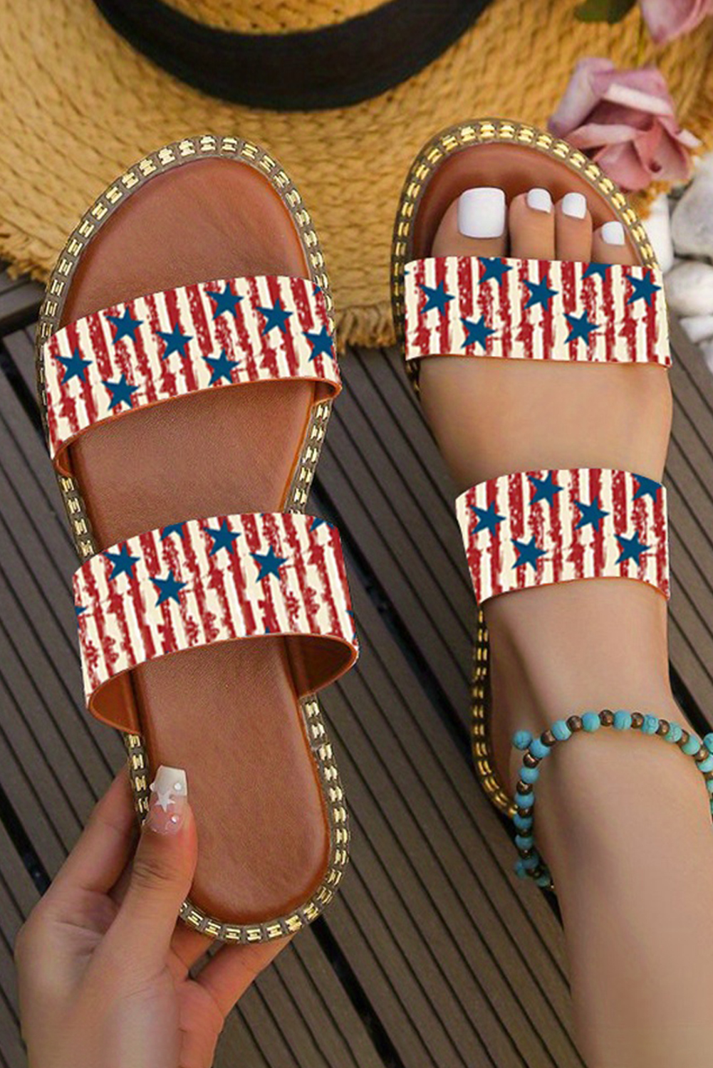 Black Rhinestone American Flag Thick Sole Slippers - loveforevers