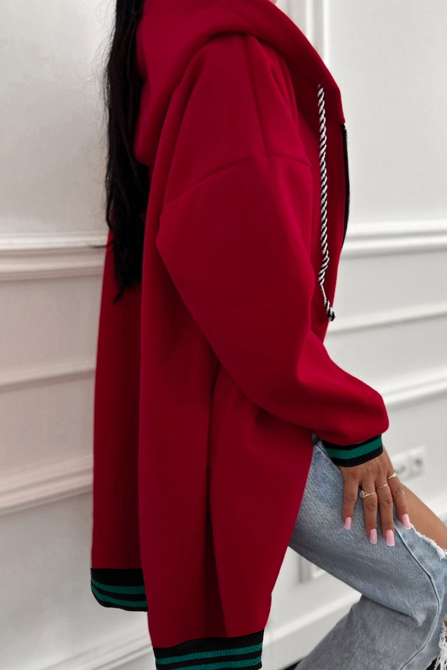 Racing Red Contrast Cuffed Drop Shoulder Zip up Tunic Hoodie - loveforevers