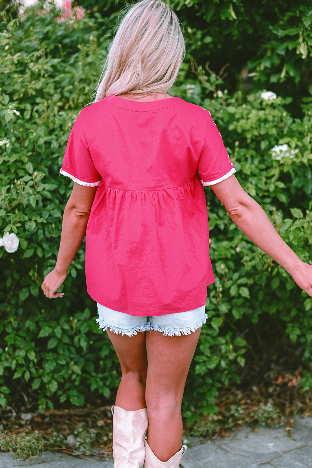 Strawberry Pink Geometric Embroidered Tassel Tie V Neck Blouse - loveforevers
