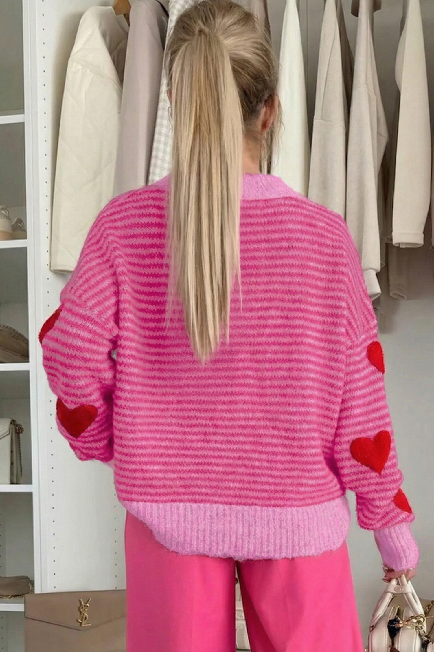 Gray Stripe Contrast Heart Pattern Valentine Knit Sweater - loveforevers
