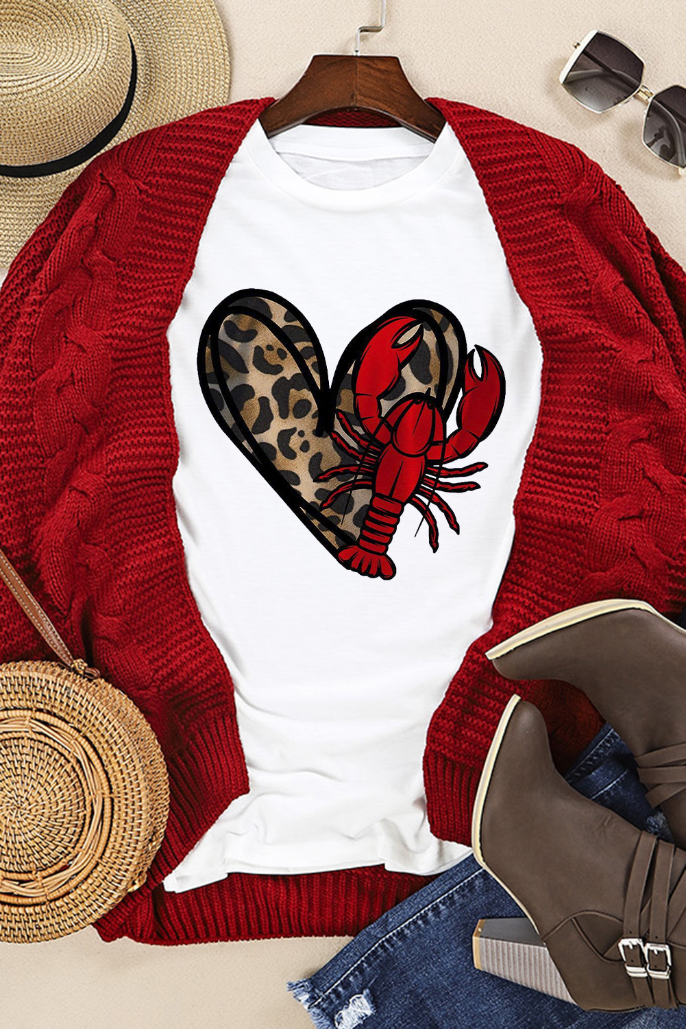 White Crawfish Leopard Heart Print Crewneck Tee - loveforevers