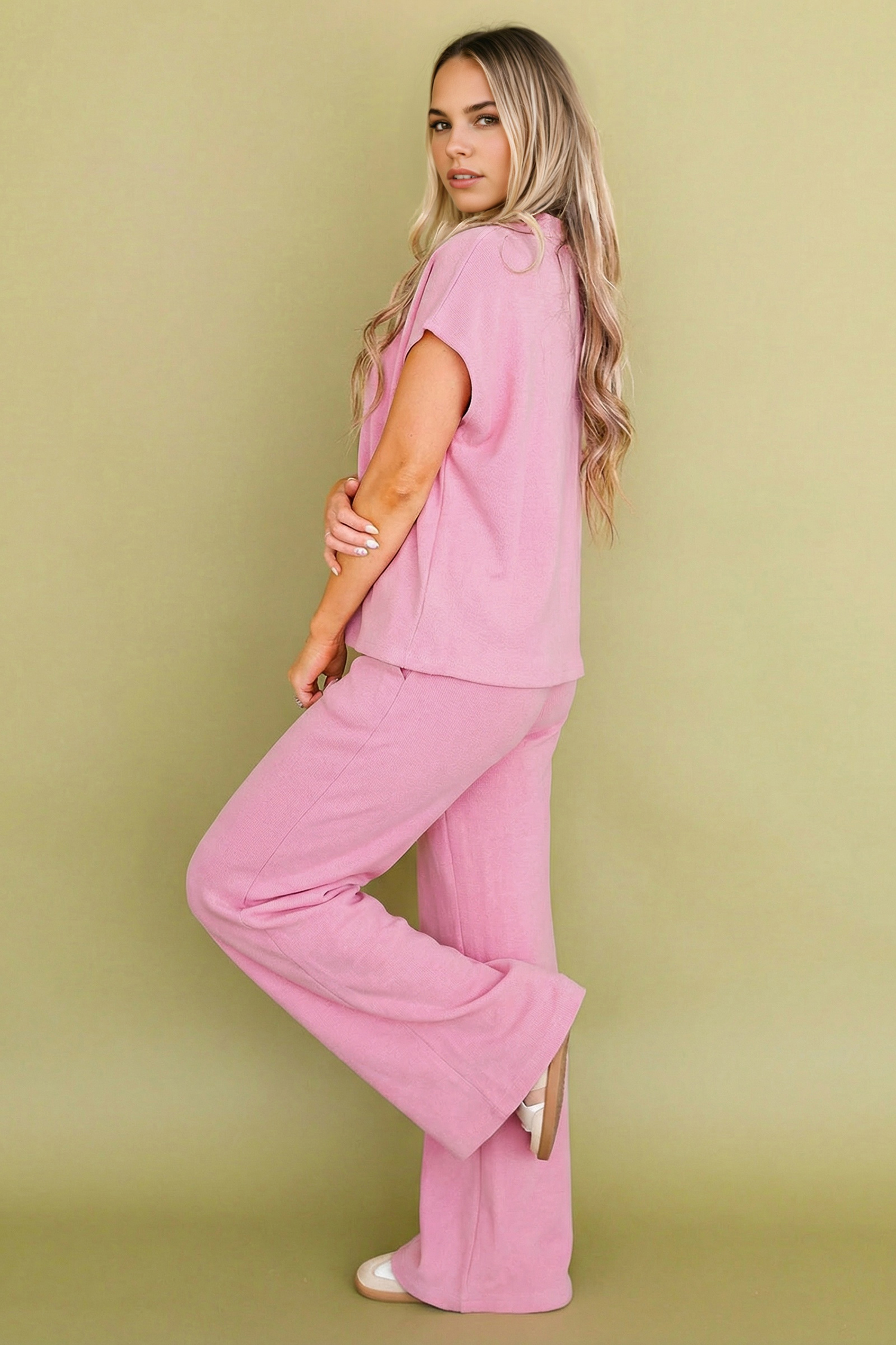 Pink Textured Knit High Neck Loose Tee Elastic Waist Loose Pant Set - loveforevers