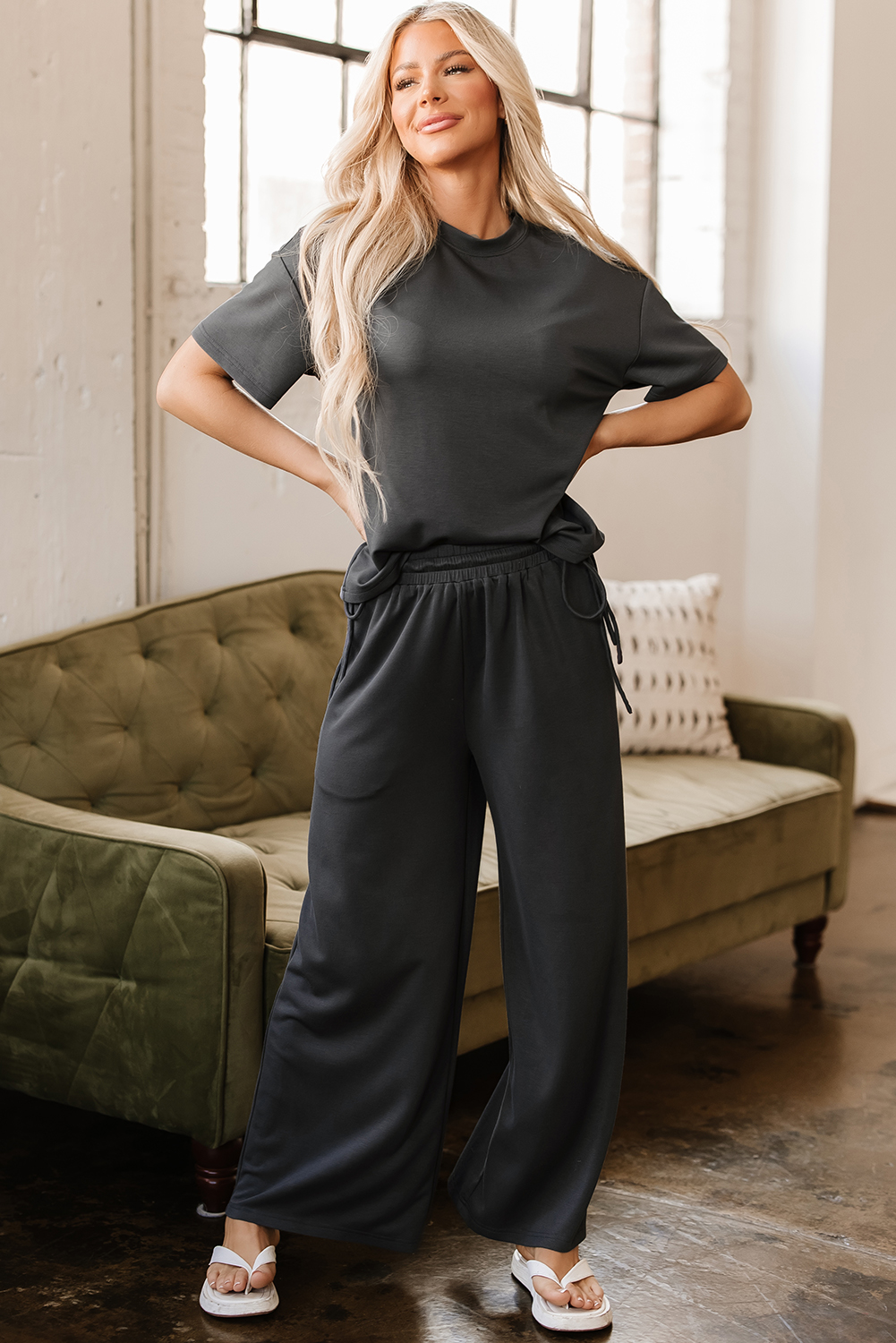 Dark Grey Drawstring Side Crewneck Tee and Loose Pants Set - loveforevers
