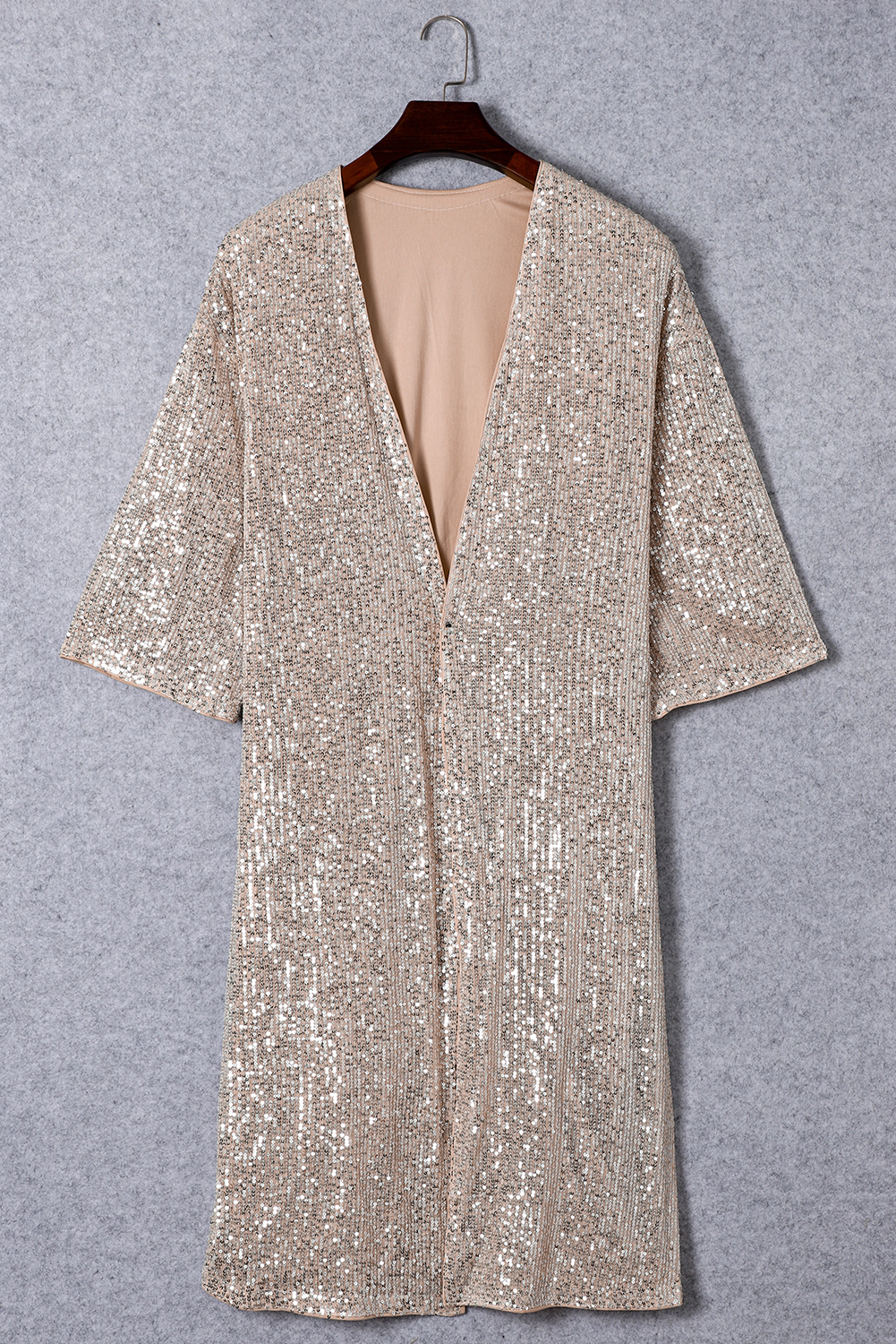 Apricot Sequin 3/4 Sleeve Open Front Duster Kimono - loveforevers