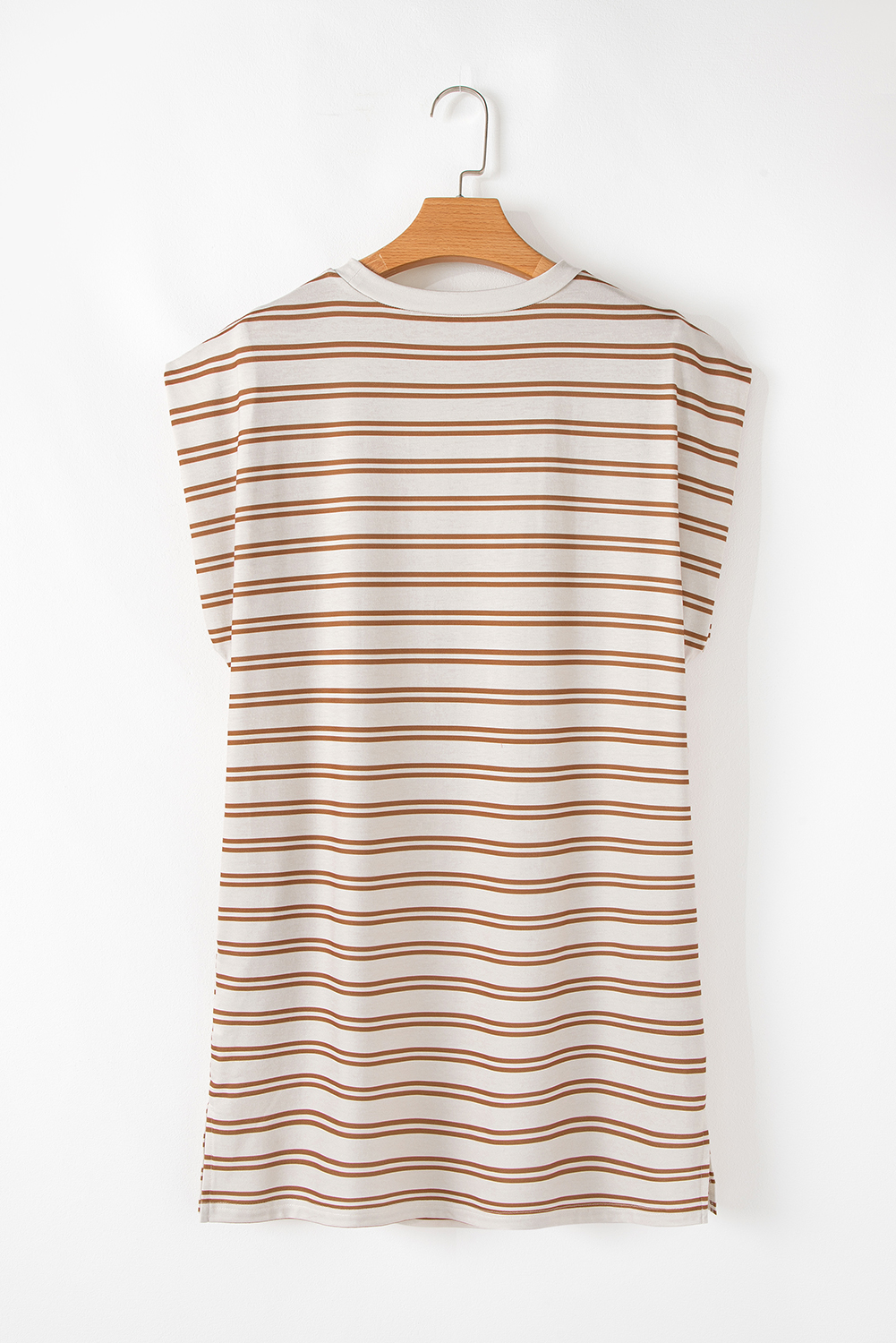 Khaki Stripe Round Neck Sleeveless Casual Pocketed Mini Dress - loveforevers