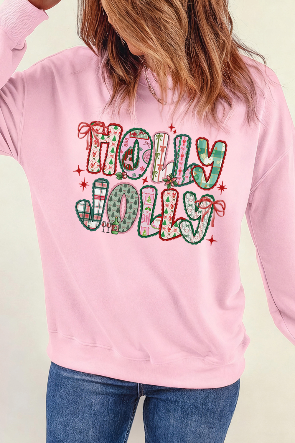 Pink HOLLY JOLLY Cute Holiday Graphic Sweatshirt - loveforevers