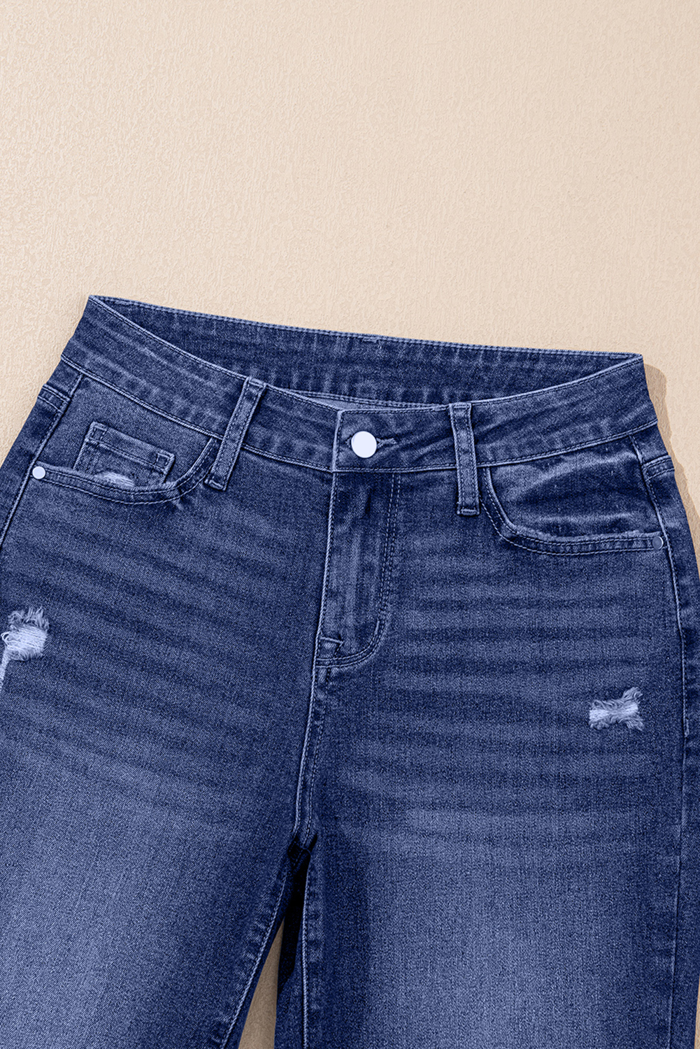Real Teal Folded Cuffs Distressed Straight High Waist Jeans - loveforevers