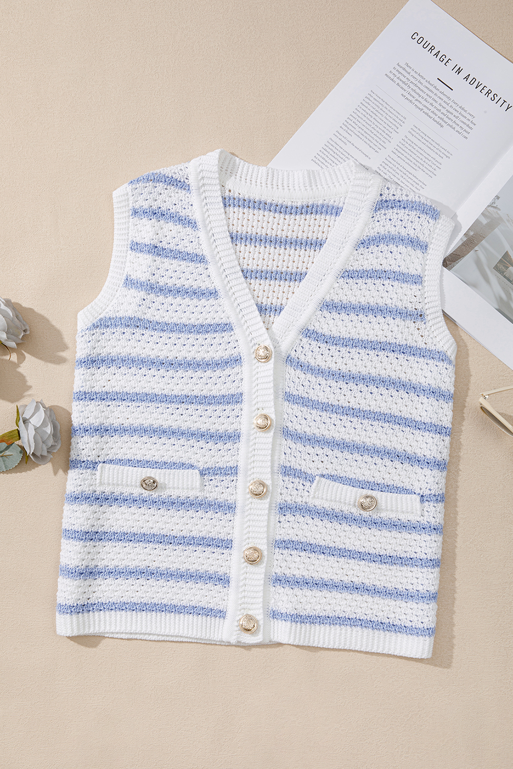 Sky Blue Stripe V Neck Gold Buttons Elegant Sweater Vest - loveforevers