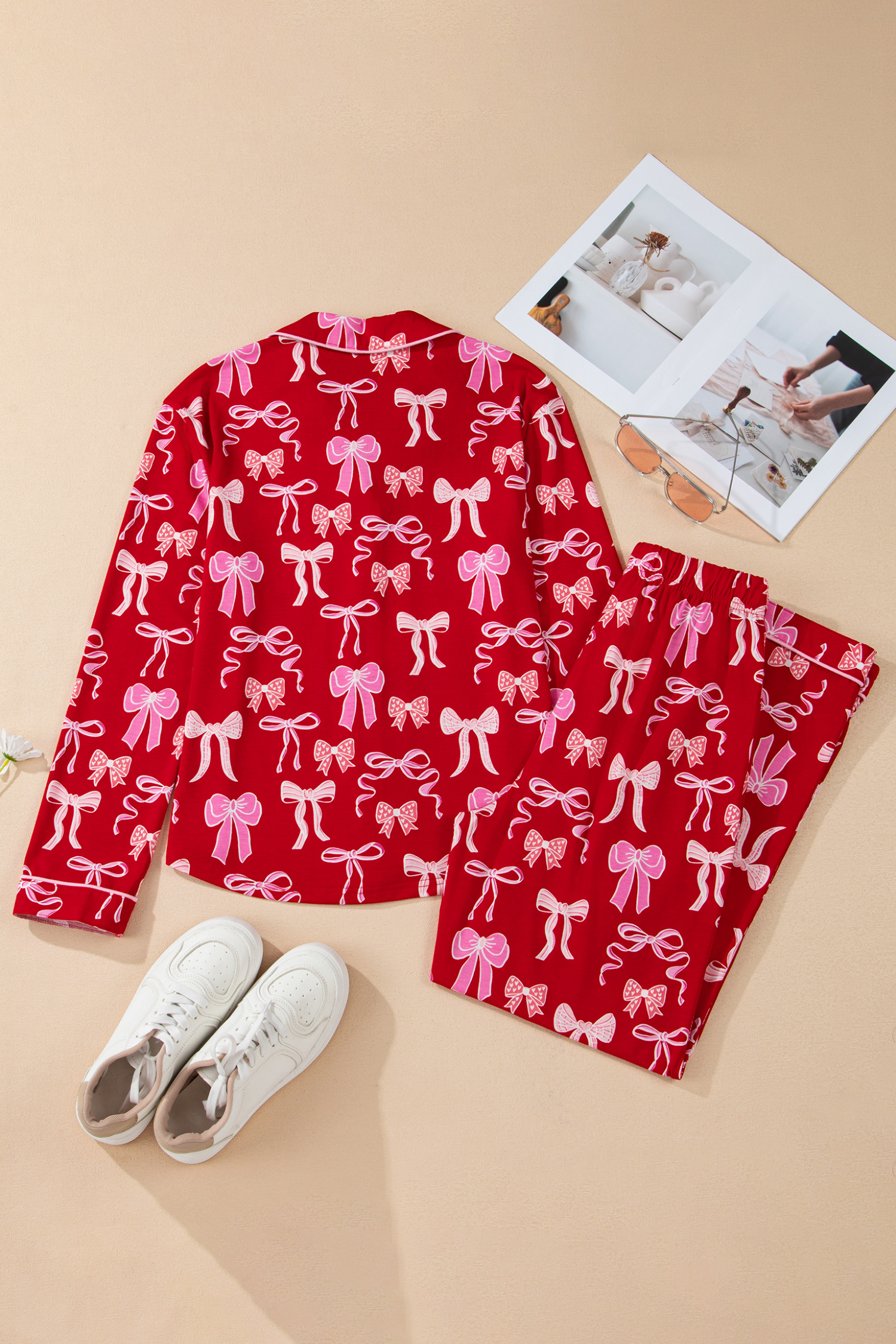 Red Sweet Bow Print Shirt Style Top Long 2pcs Pajama Set - loveforevers