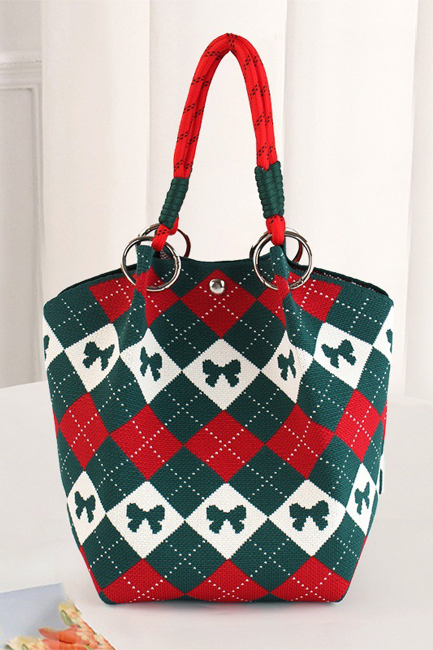 Fiery Red Retro Argyle Bow Printed Fashion Knit Bucket Bag - loveforevers