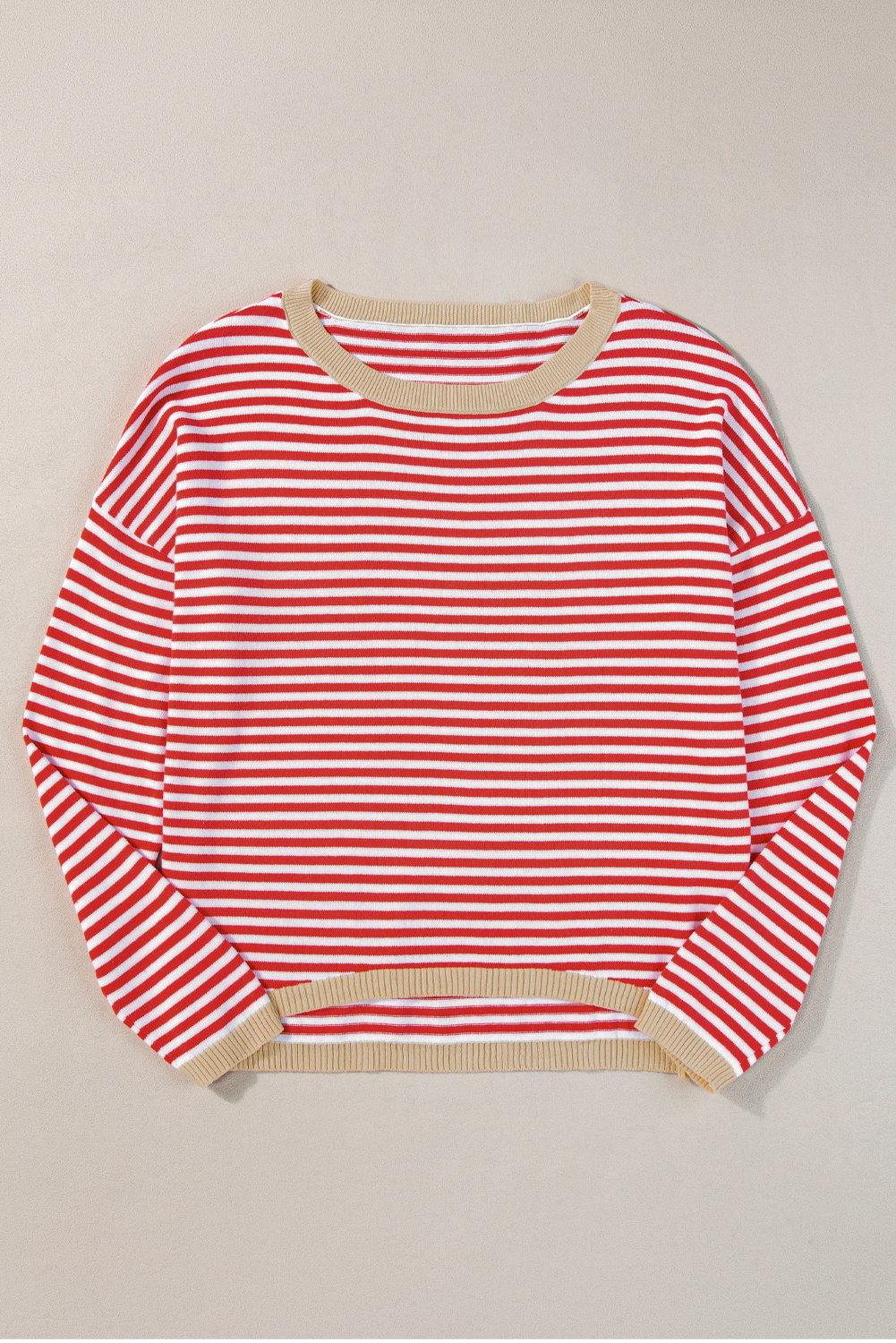 Fiery Red Striped Contrast Trimmed Drop Shoulder Sweater - loveforevers