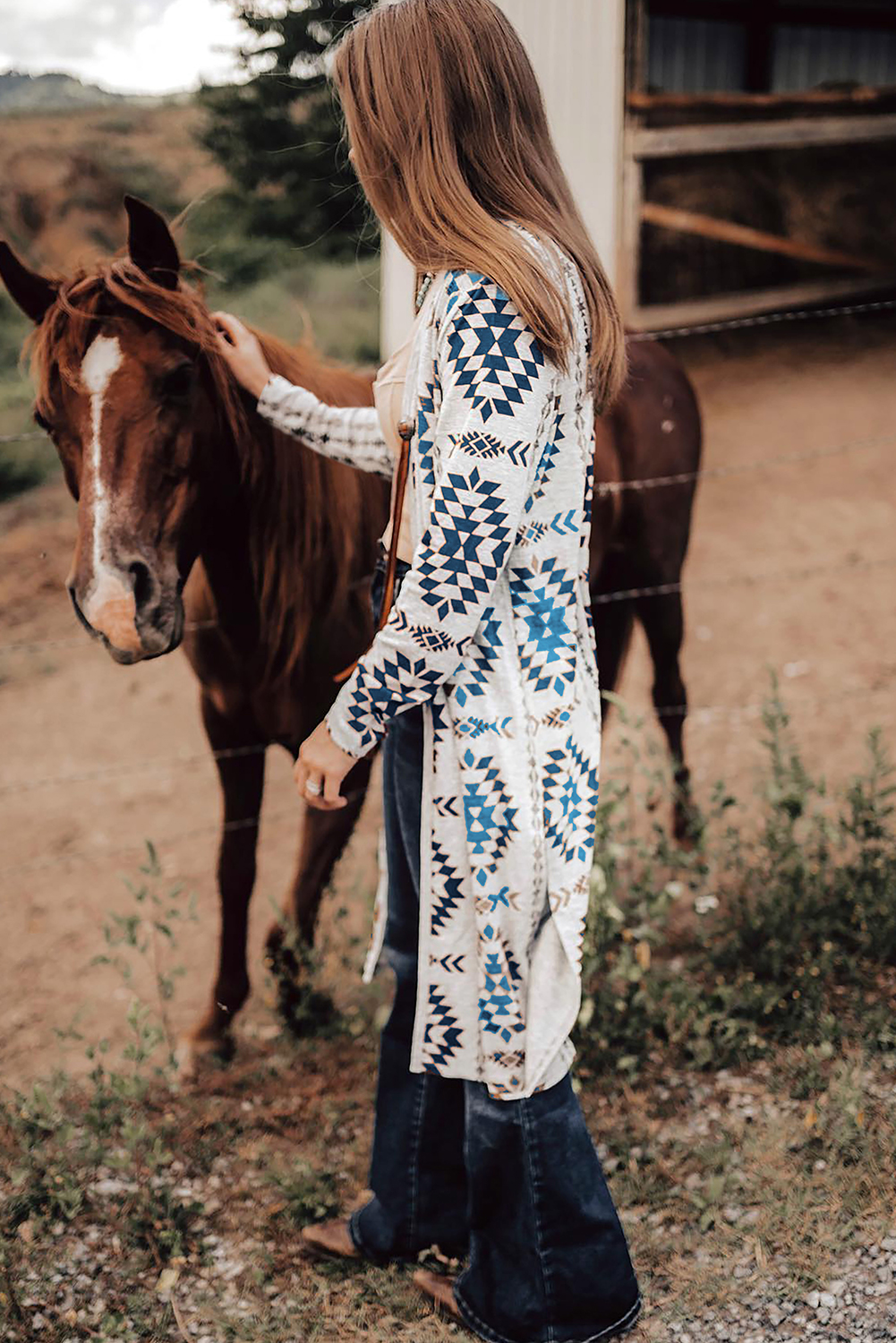 Brown Western Aztec Printed Open Front Long Cardigan - loveforevers