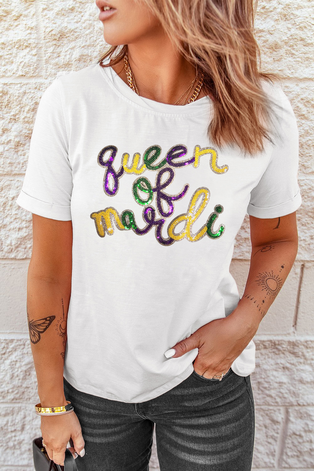 White queen of mardi Sequin Letter Graphic T Shirt - loveforevers