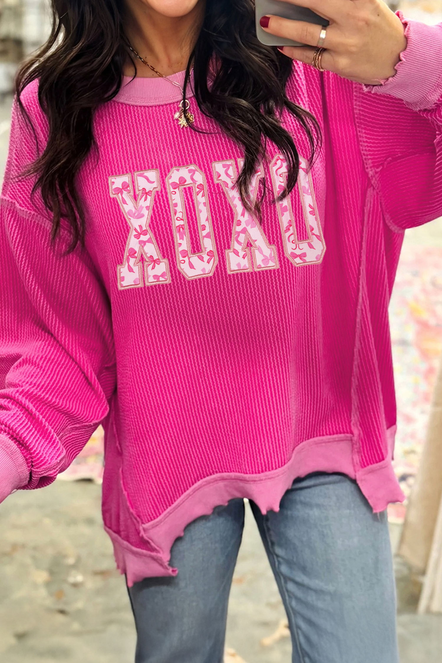 Strawberry Pink Twisted Ribbed Long Sleeve XOXO Bow Print Embroidered Patch Graphic Top - loveforevers