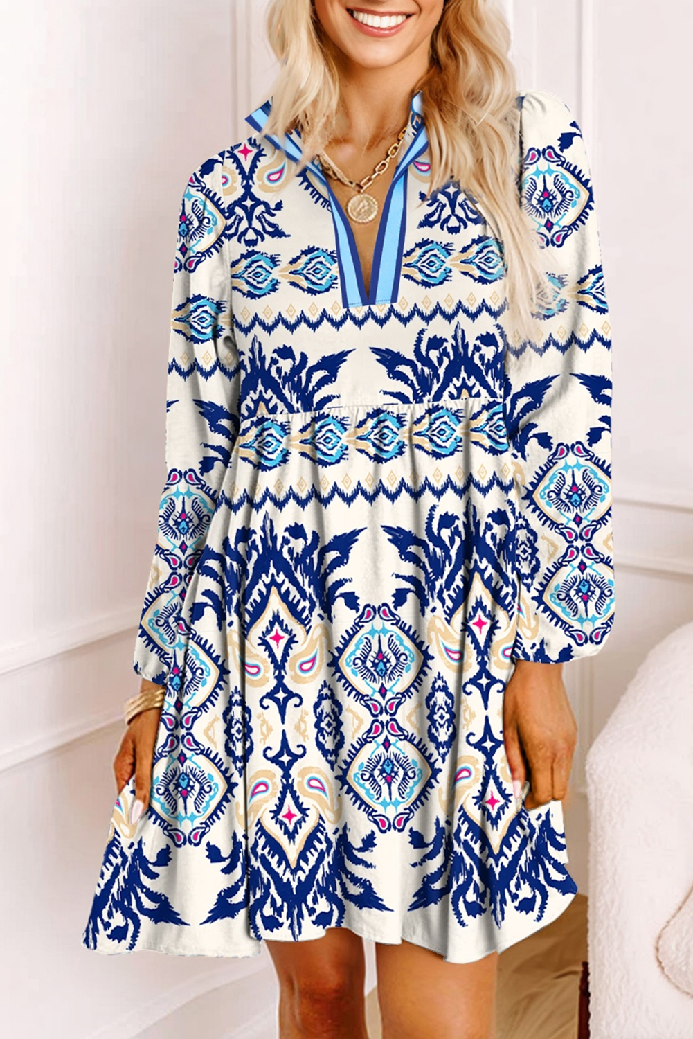 Blue Ethnic Print Striped Split Neck Long Sleeve Flowy Mini Dress - loveforevers