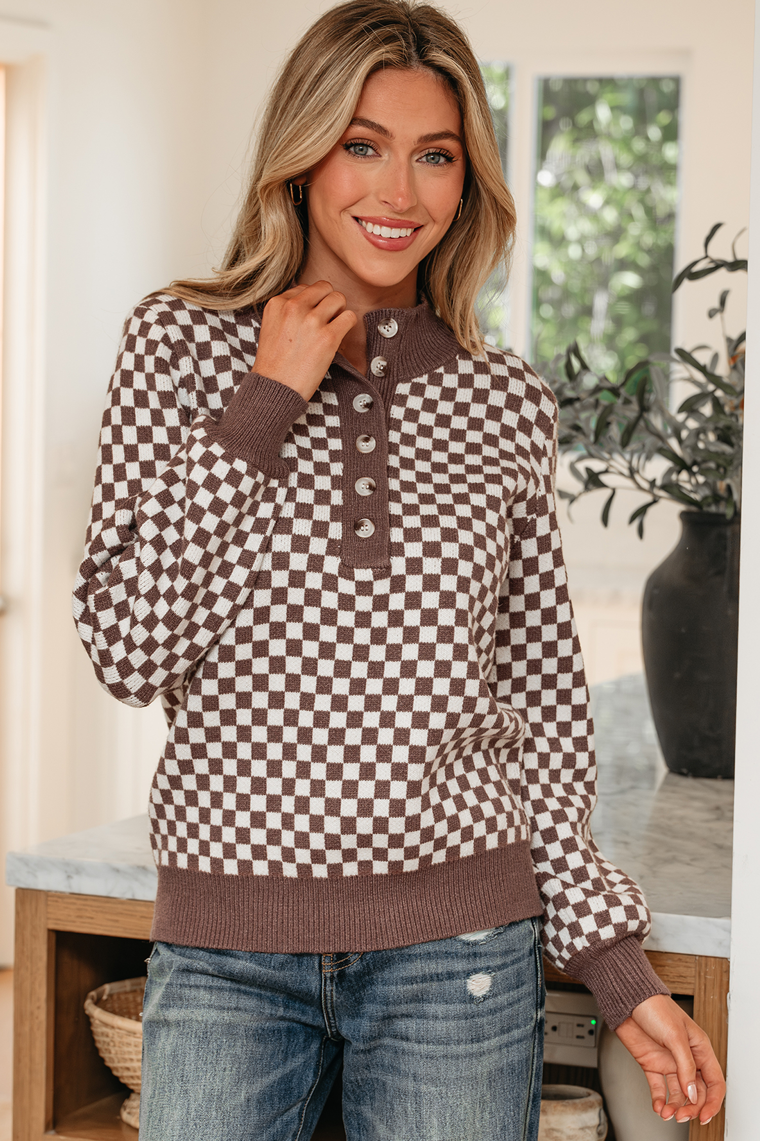 Dark Brown Half Button Ribbed Trim Checkerboard Knit Sweater - loveforevers