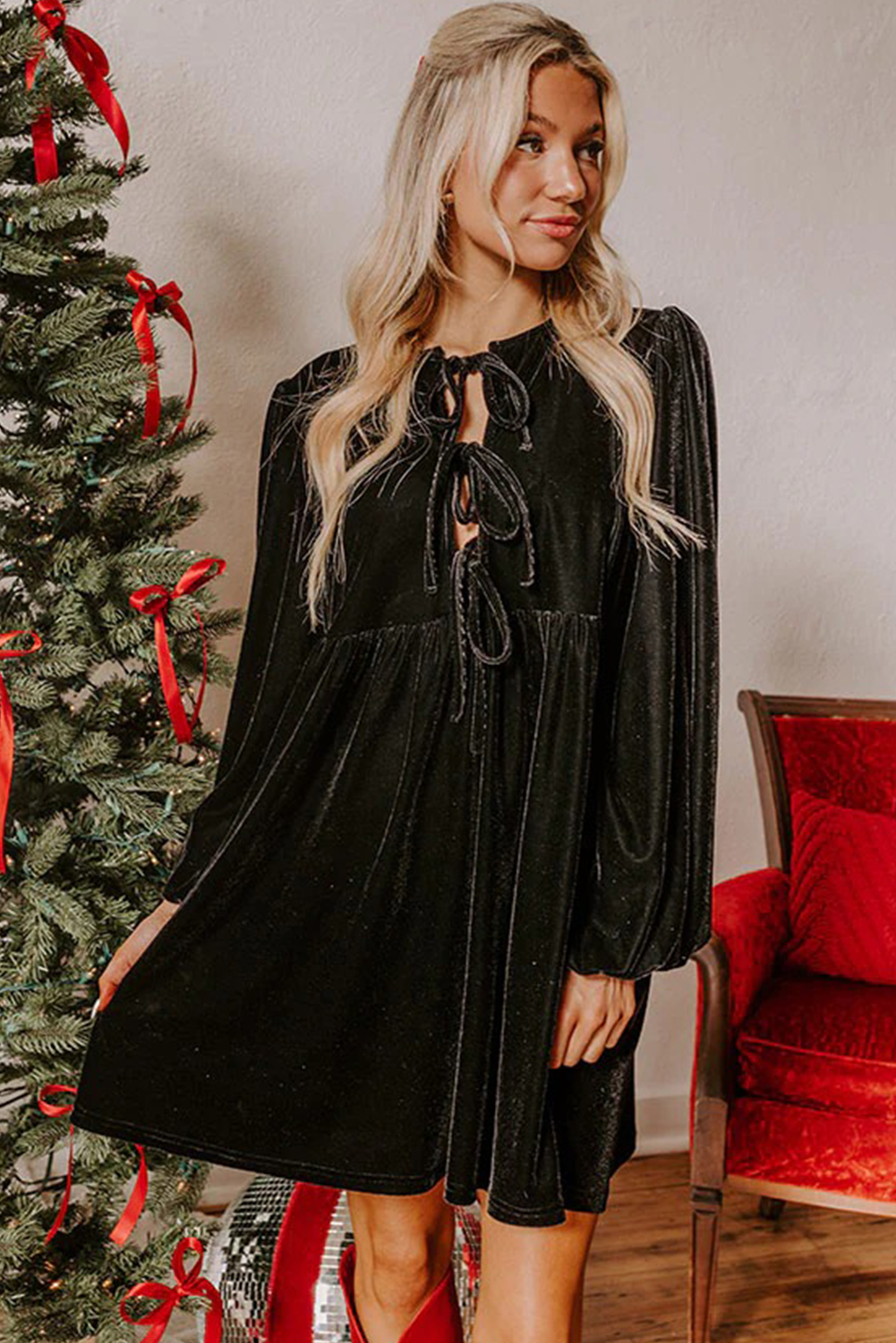 Black Front Tie Velvet Bubble Sleeve Mini Dress - loveforevers