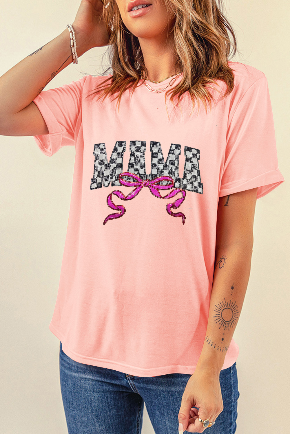 Pink Sequin Checkered MAMA Bow Graphic T Shirt - loveforevers