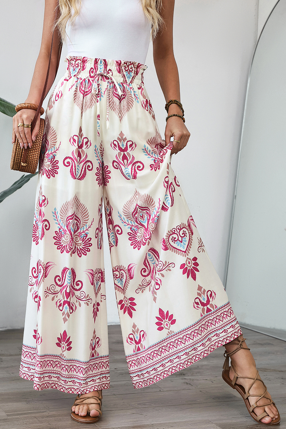 Rose Boho Printed Shirred High Waist Flowy Wide Leg Pants - loveforevers