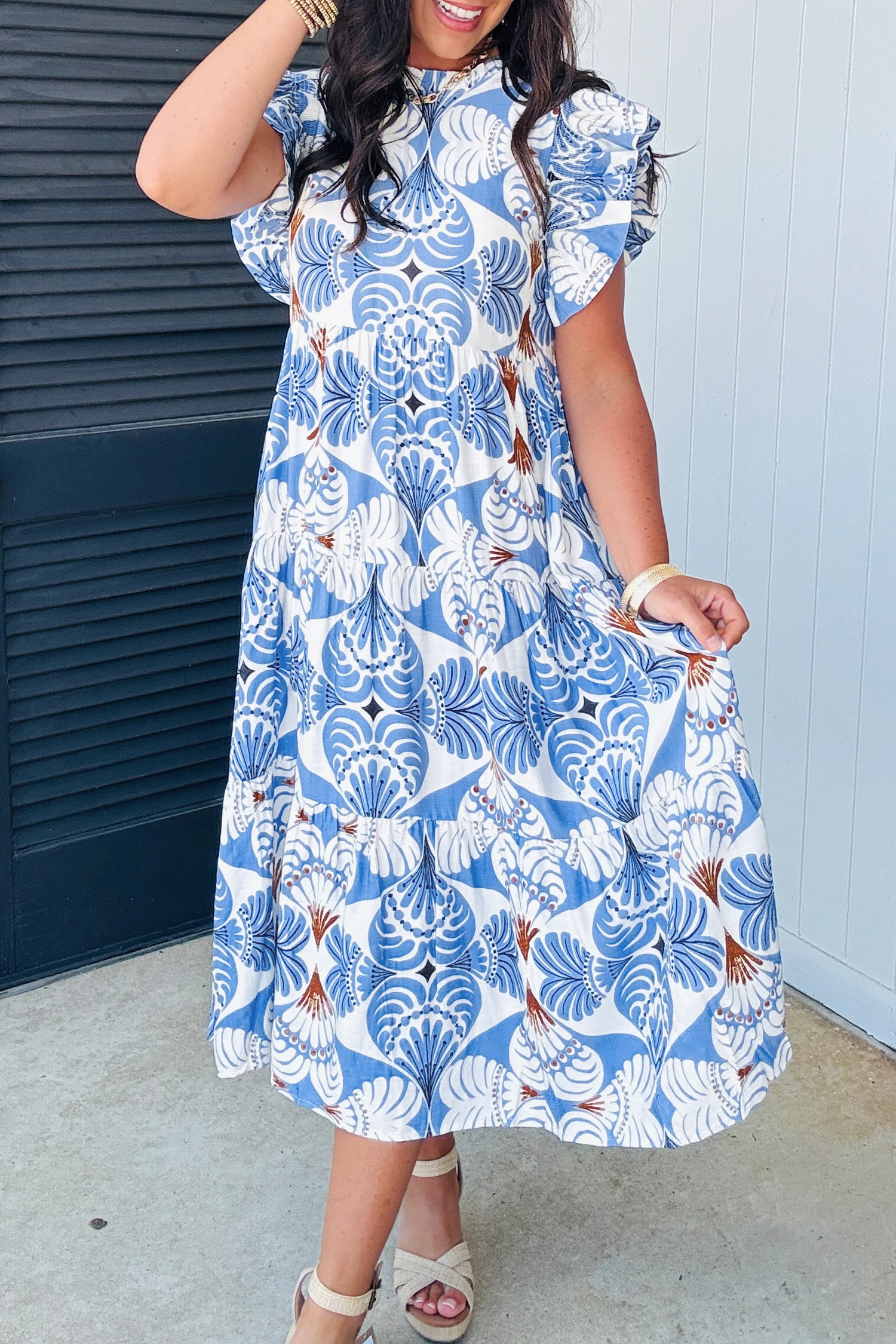 Sky Blue Tropical Botanic Print Flutter Sleeve Vacation Long Dress - loveforevers