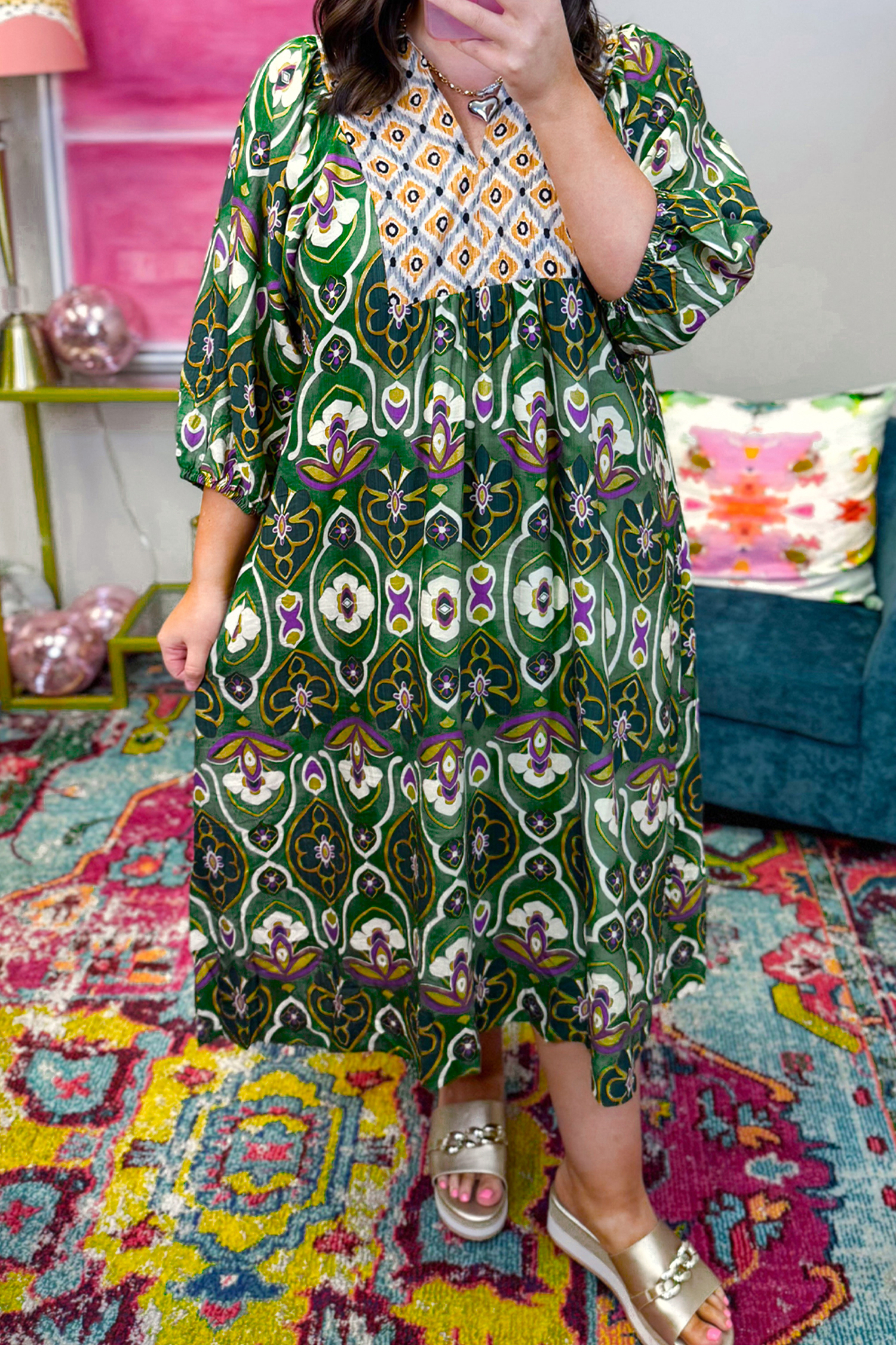 Green Plus Size Mixed Floral Patchwork V Neck Bracelet Sleeve Maxi Dress - loveforevers