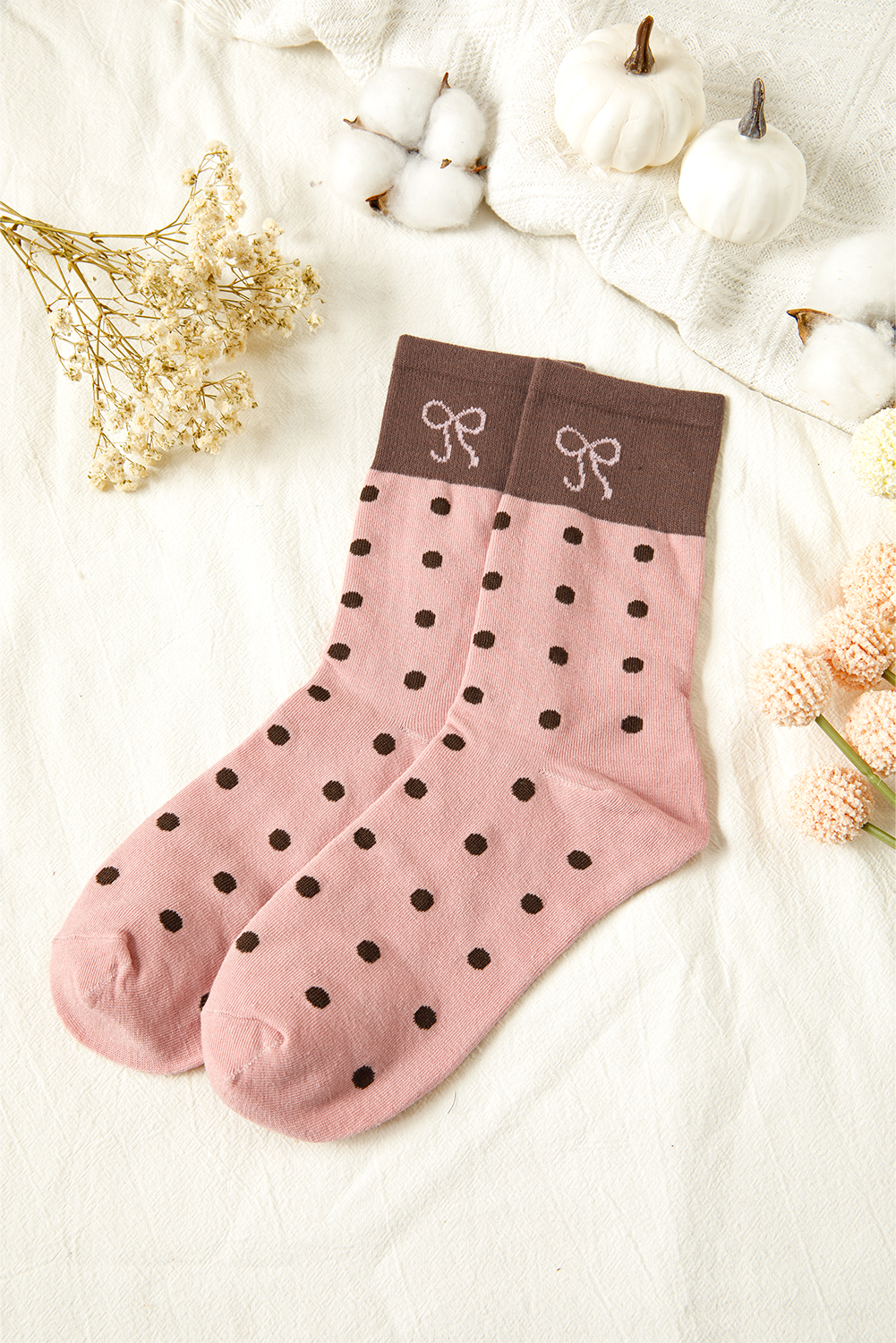 Blossom 1 Pairs Polka Dot Print Contrast Bow Block Socks - loveforevers