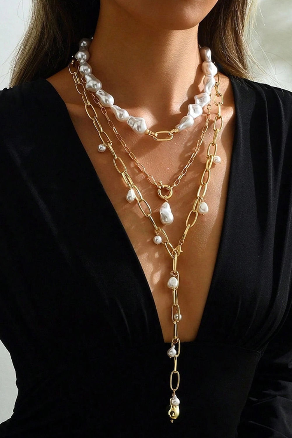 Gold Alloy Plated Chain Baroque Pearl 3pcs Layered Necklace Set - loveforevers