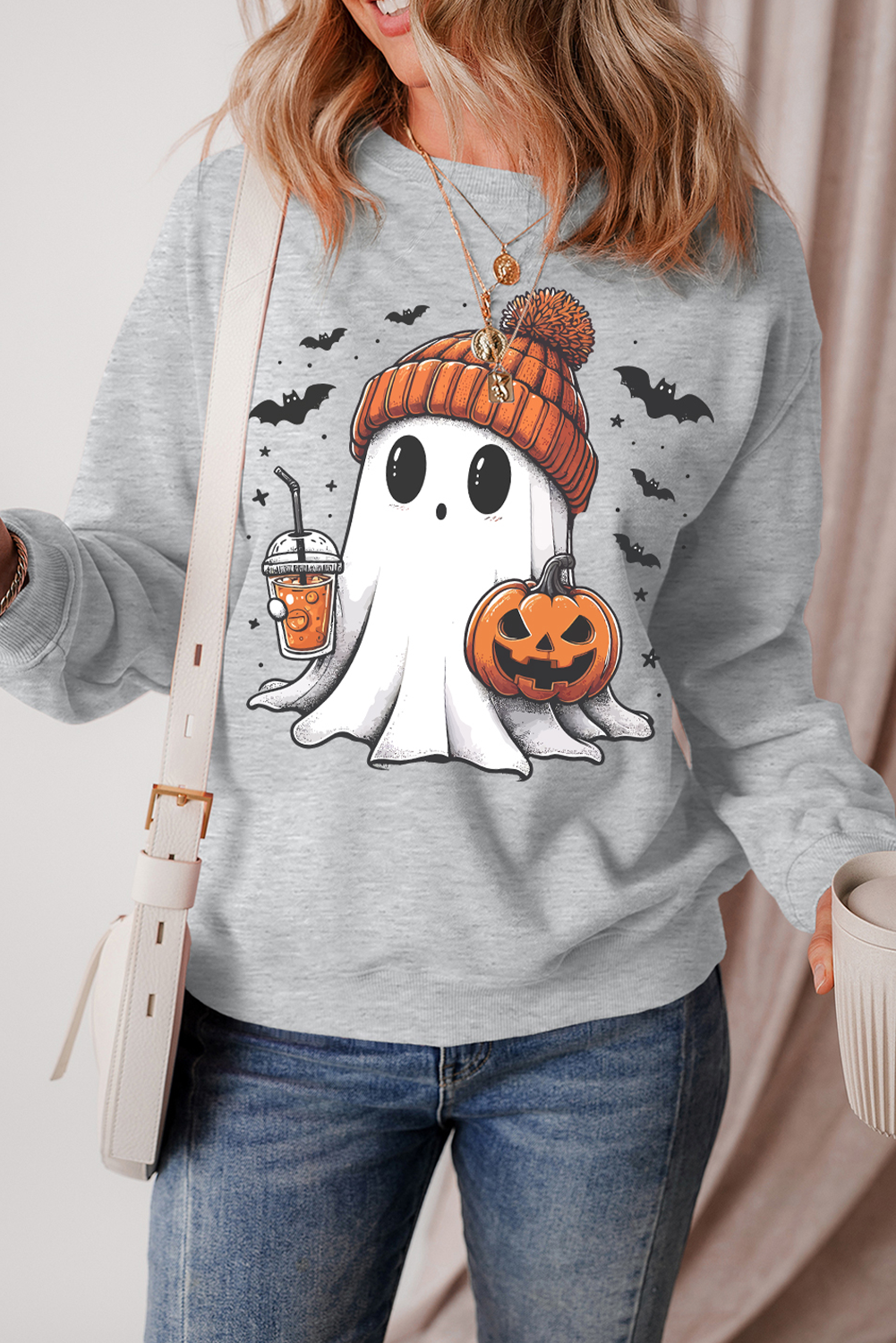 Gray Halloween Ghost Print Crewneck Drop Shoulder Sweatshirt - loveforevers