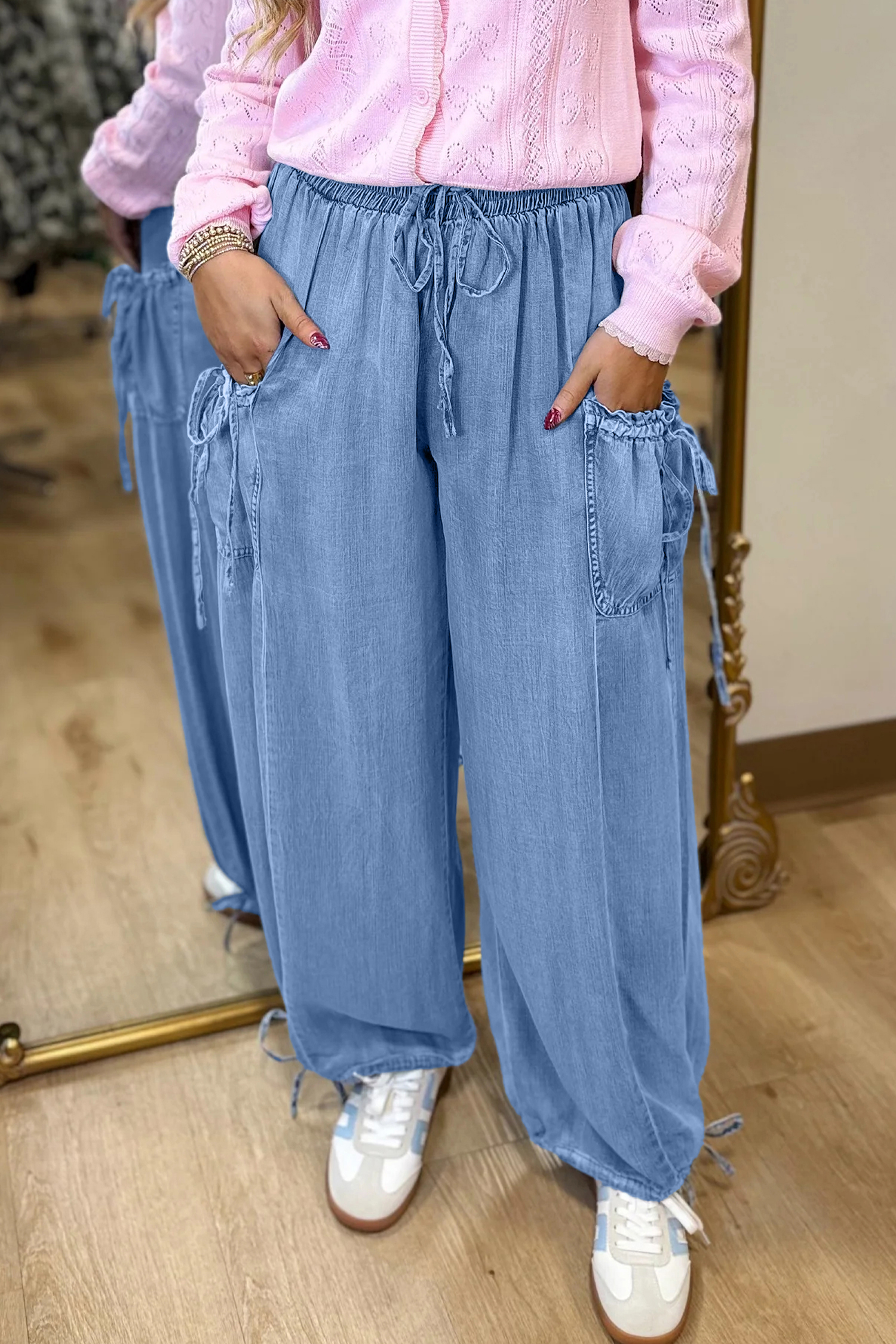 Beau Blue Drawstring Elastic Waist Pocketed Loose Denim Pants - loveforevers