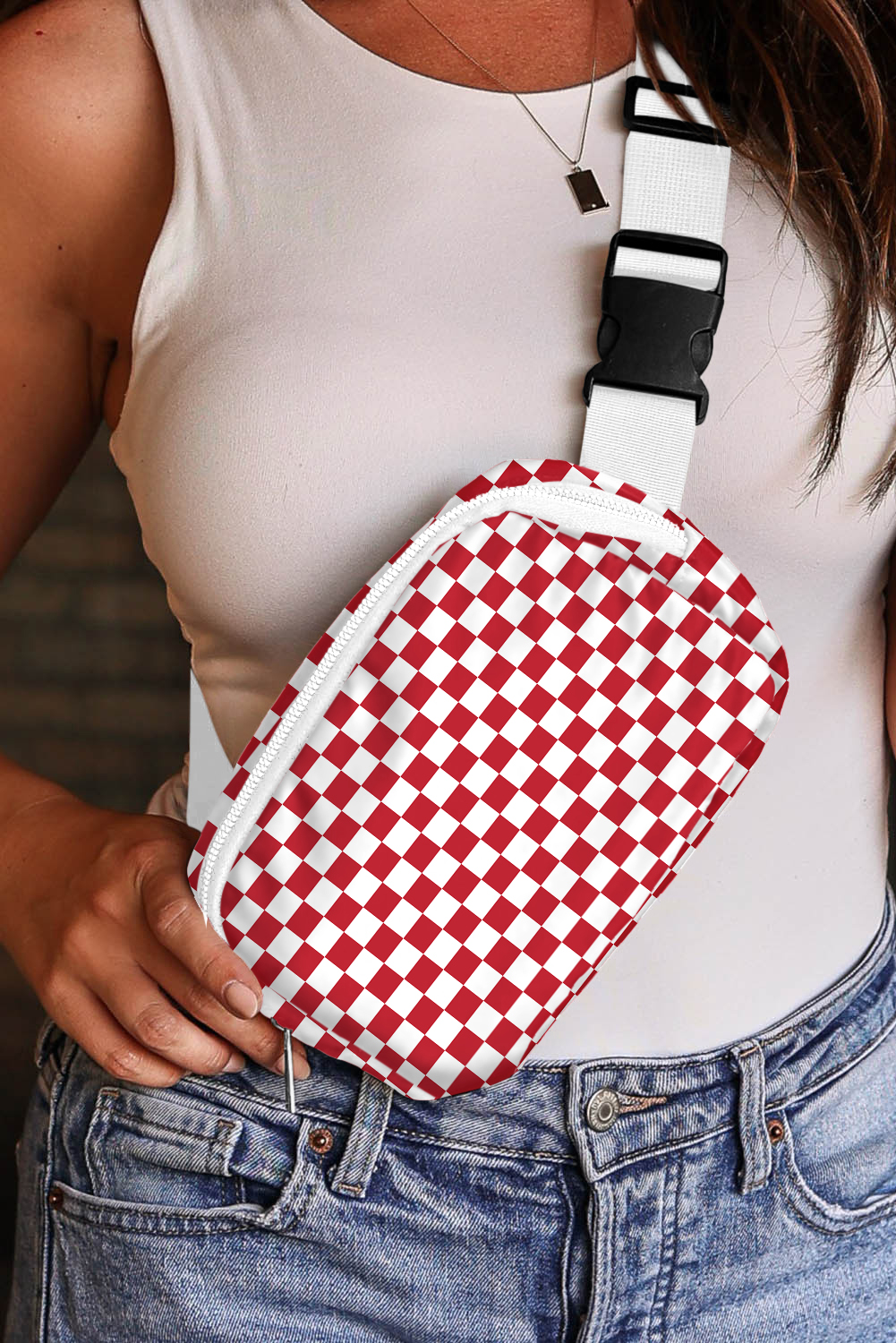 Fiery Red Checkered Print Zipped Buckle Strap Crossbody Bag - loveforevers