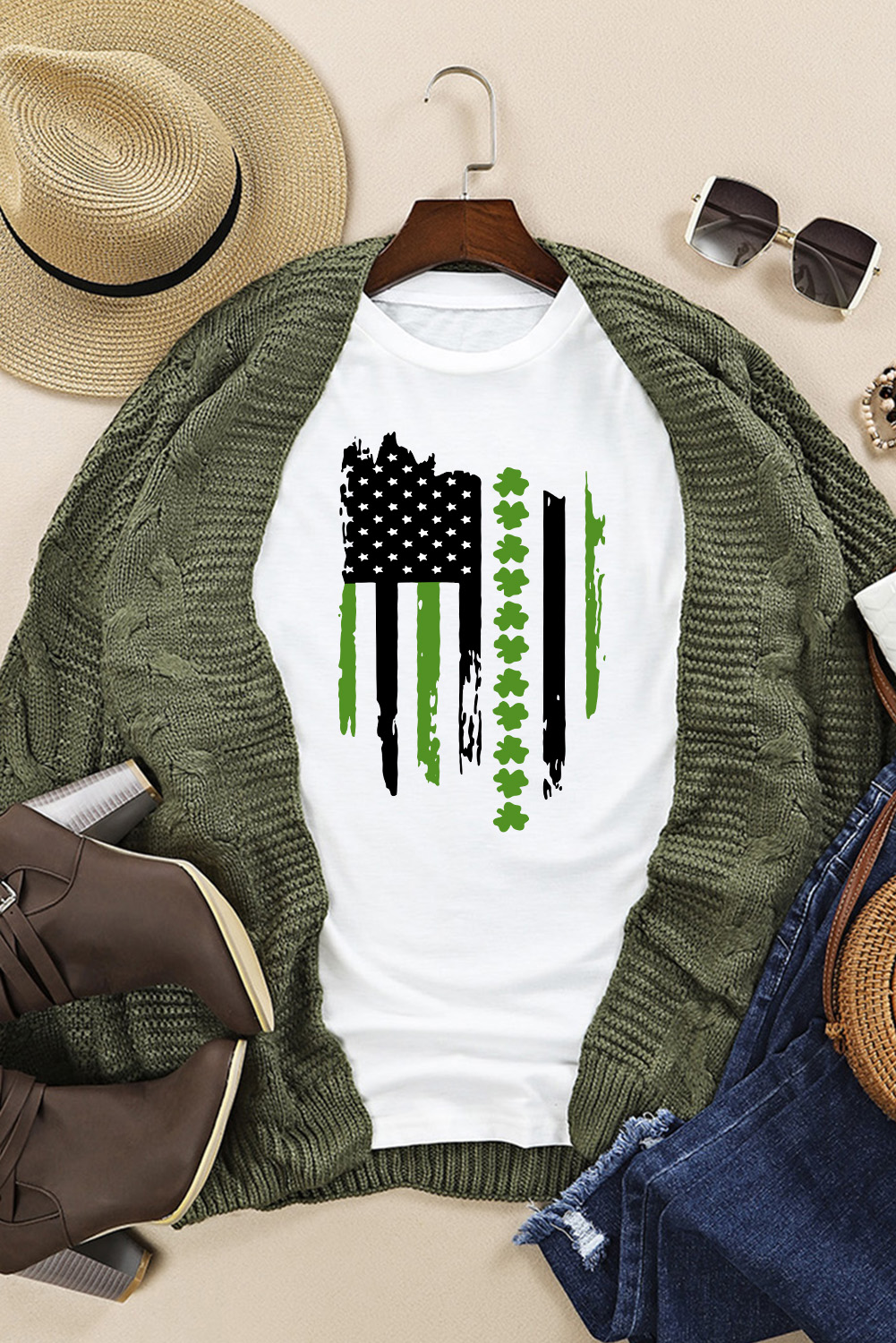 Black St. Patricks Lucky Clover Print O Neck T Shirt - loveforevers