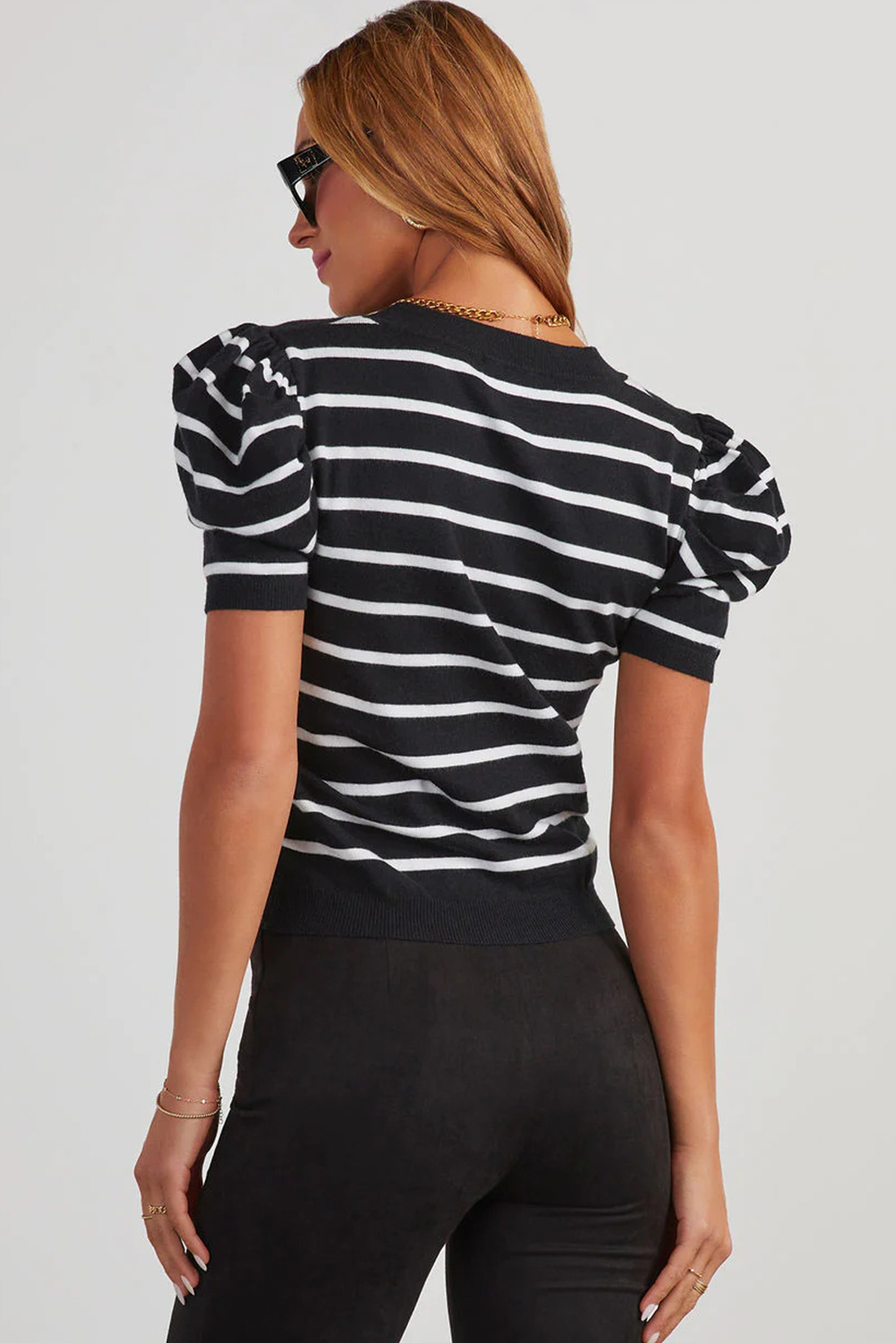 Blue Stripe Ribbed Trim Round Neck Bubble Sleeve Knitted Top - loveforevers