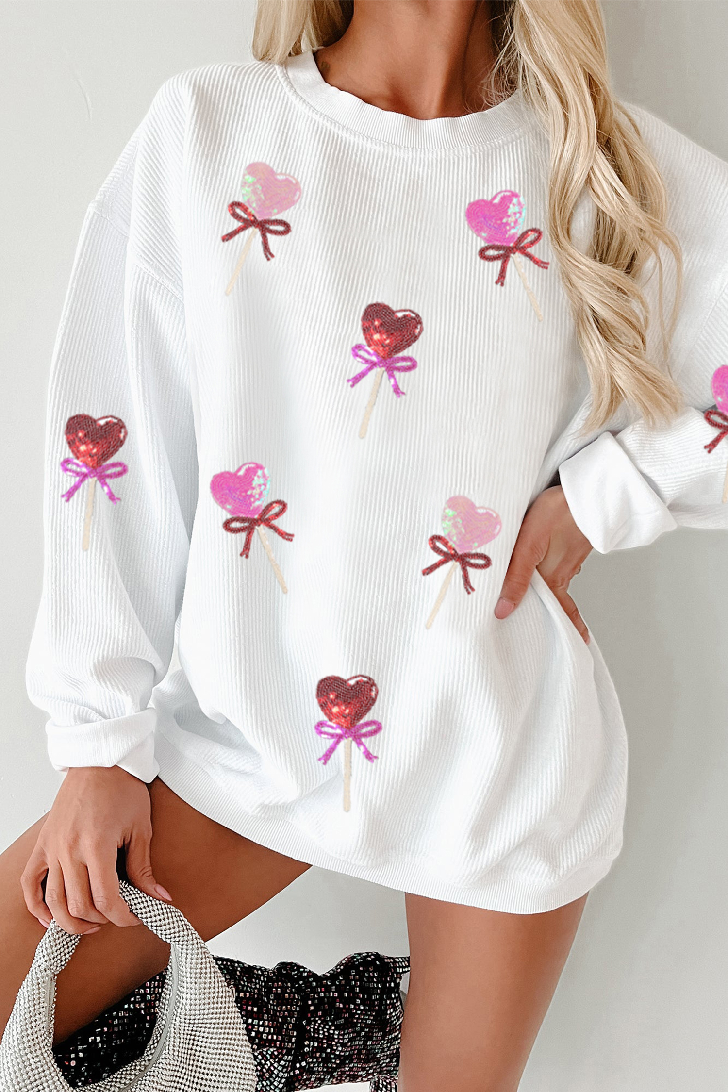White Heart Lollipop Sequin Pattern Valentine Sweatshirt - loveforevers