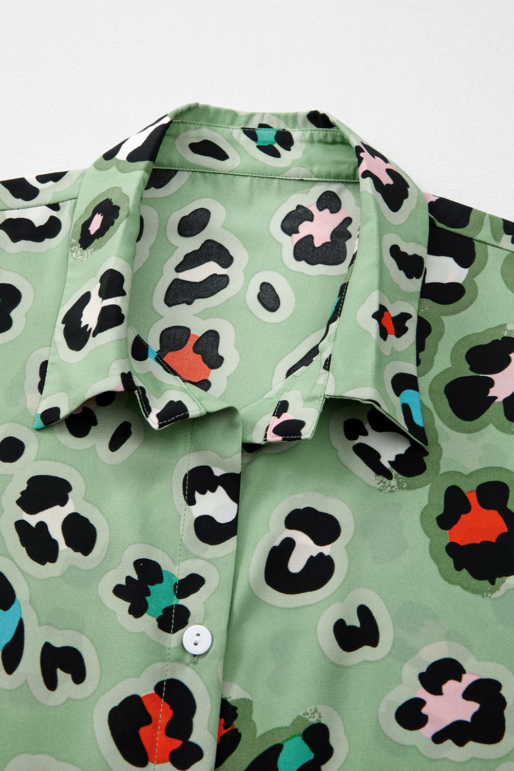 Green Leopard Print Short Sleeve Shirt and Wide Leg Pants Set - loveforevers