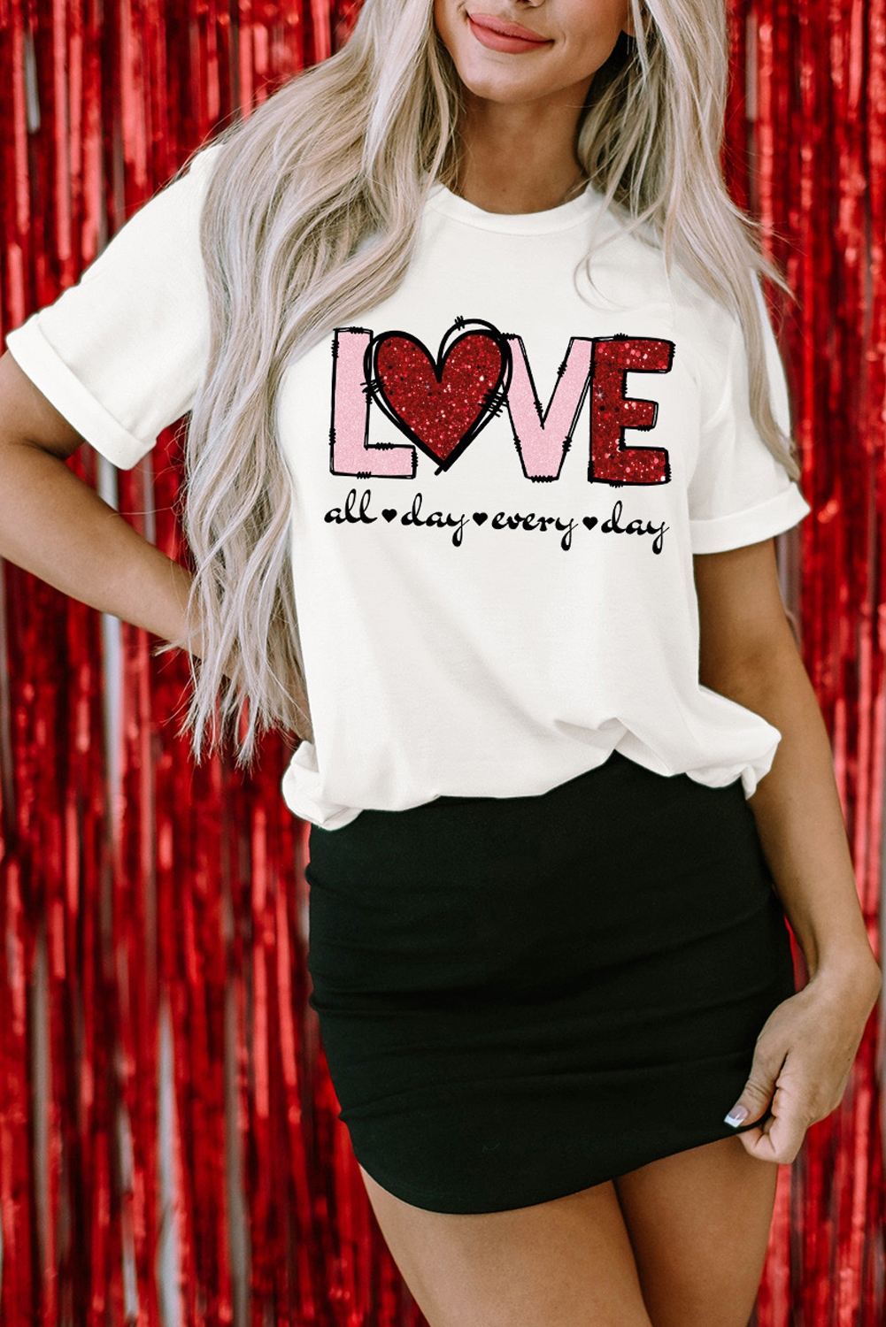 White Valentine LOVE Heart Shape Crew Neck Graphic Tee - loveforevers