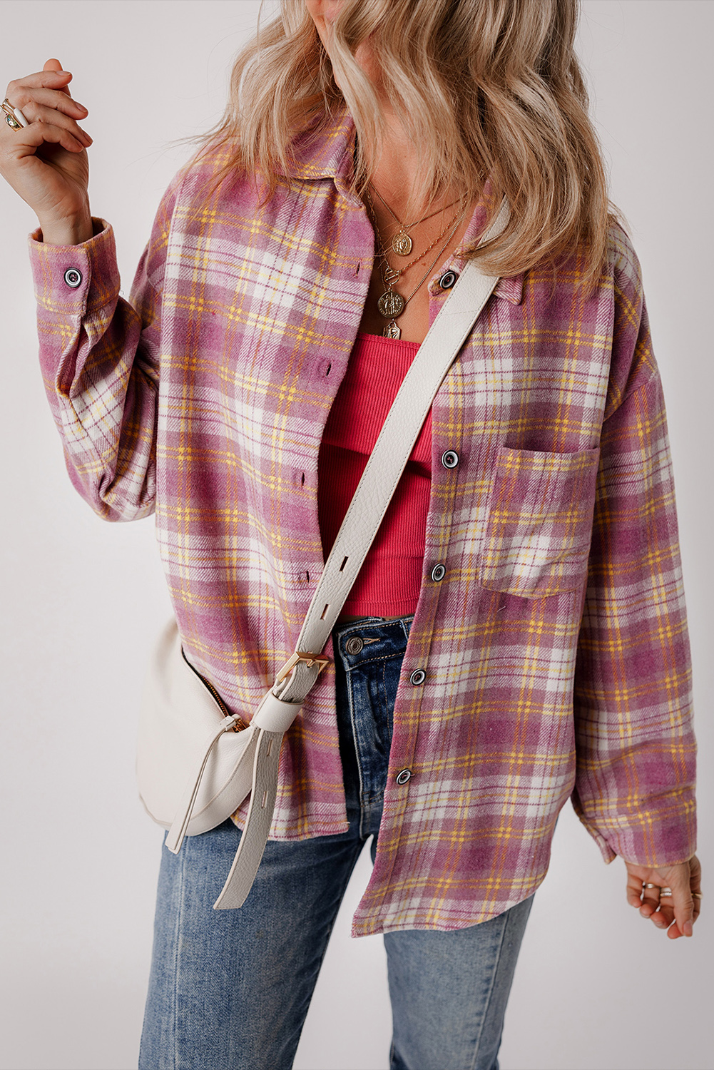 Pink Plaid Print Chest Pocket Long Sleeve Shacket - loveforevers