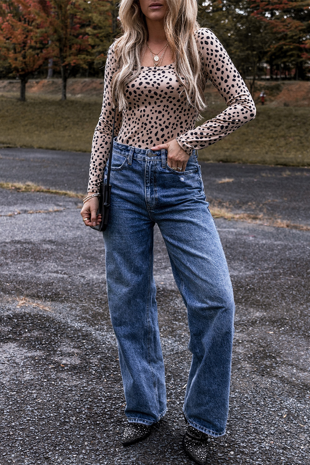Smoke Gray Leopard Print Long Sleeve Scoop Neck Slim Fit Bodysuit - loveforevers