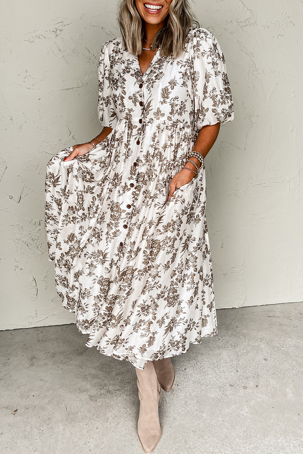 Khaki Floral Puff Sleeve V Neck Buttoned Front Maxi Dress - loveforevers
