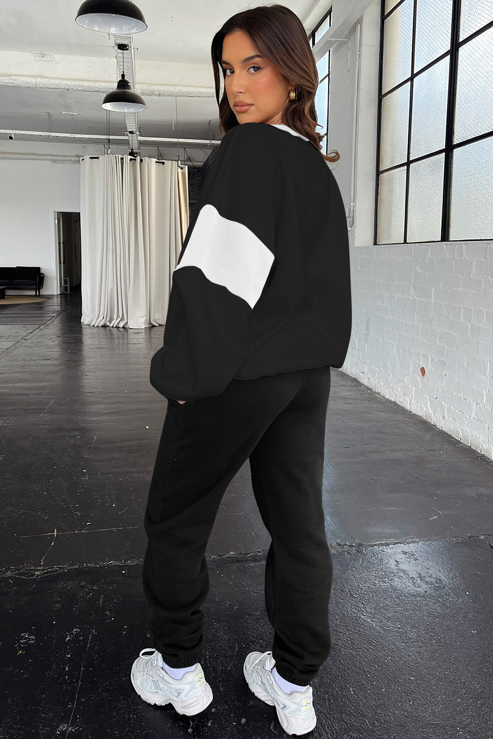 Black Drop Shoulder Loose Sweatshirt and Joggers Active Set - loveforevers