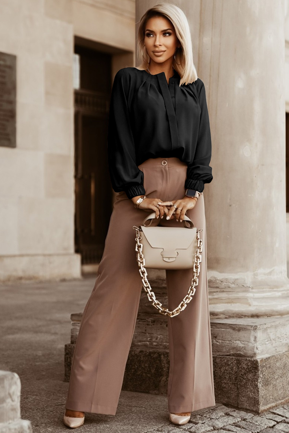 Black Crew Neck Gathered Stretch Cuff Shirt - loveforevers