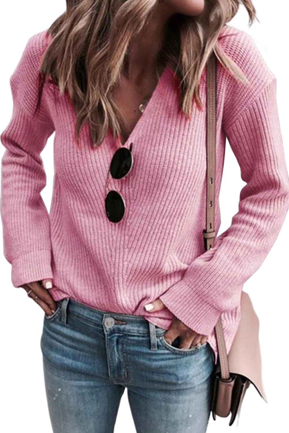Pink Ribbed Knit V Neck Sweater - loveforevers