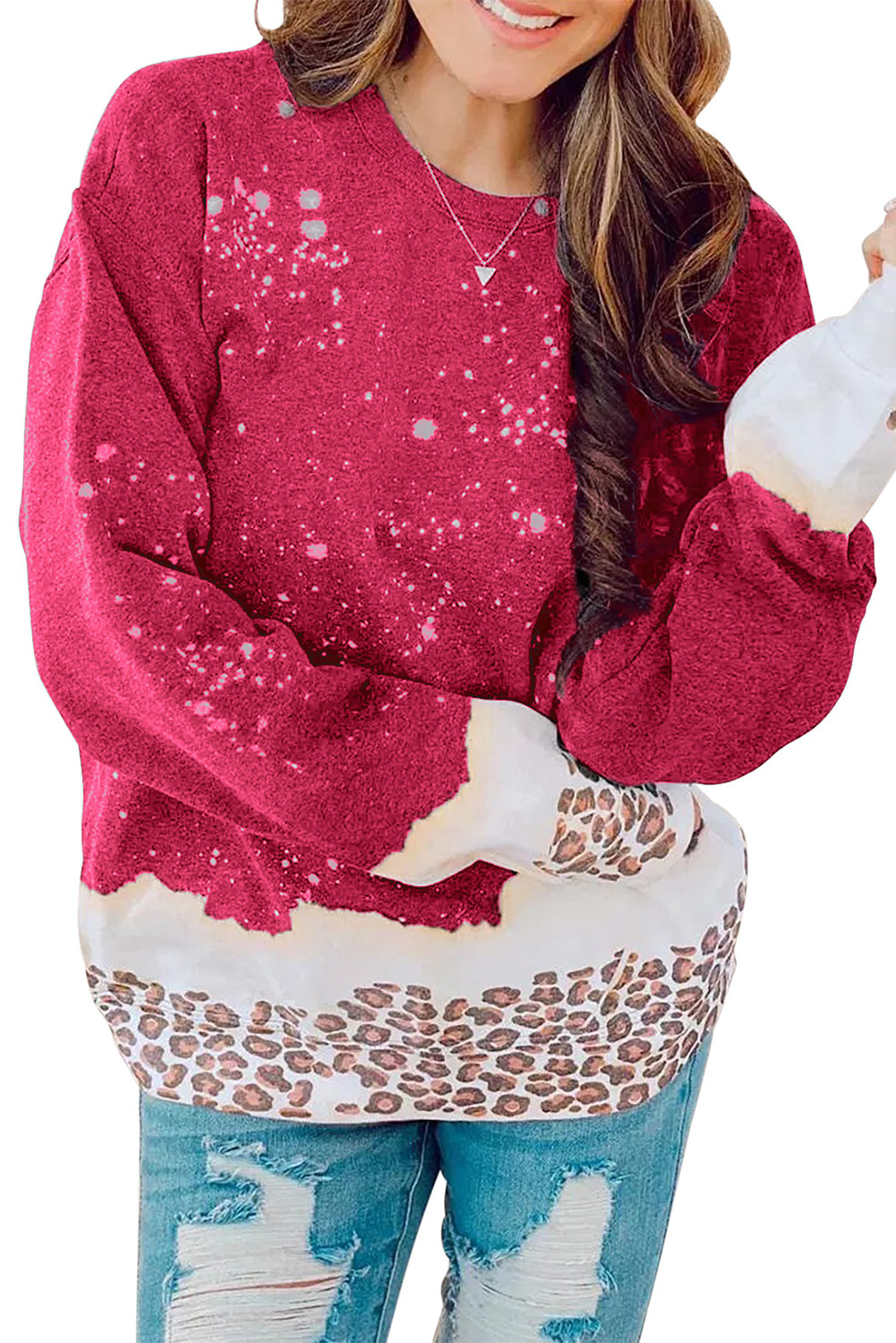 Fiery Red Leopard Bleached Pullover Sweatshirt - loveforevers