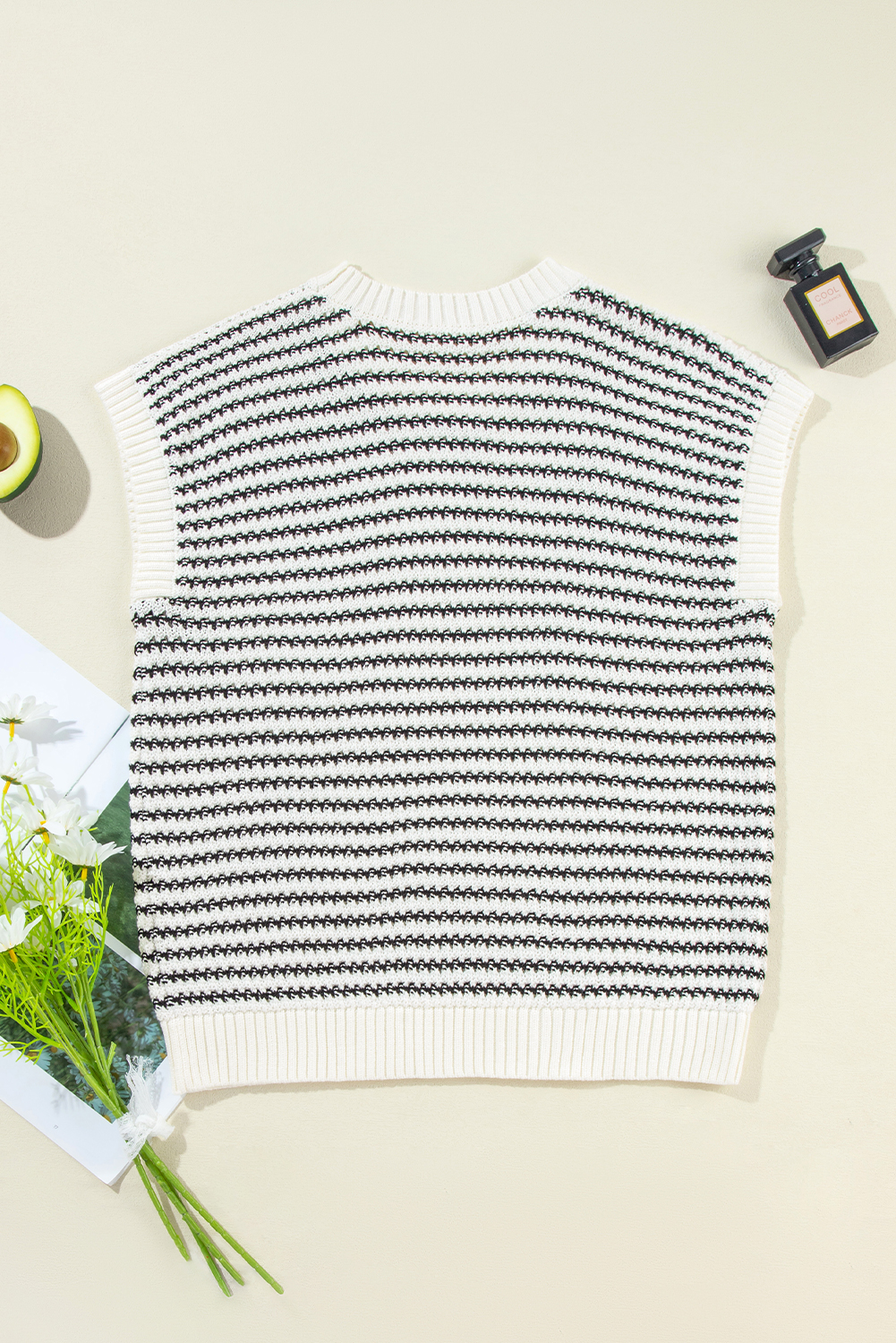 Blue Stripe Ribbed Trim Loose Fit Knitted Sweater Vest - loveforevers