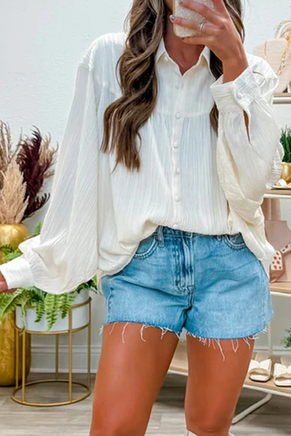 White Crinkled Texture Lantern Sleeve Button Down Loose Shirt - loveforevers