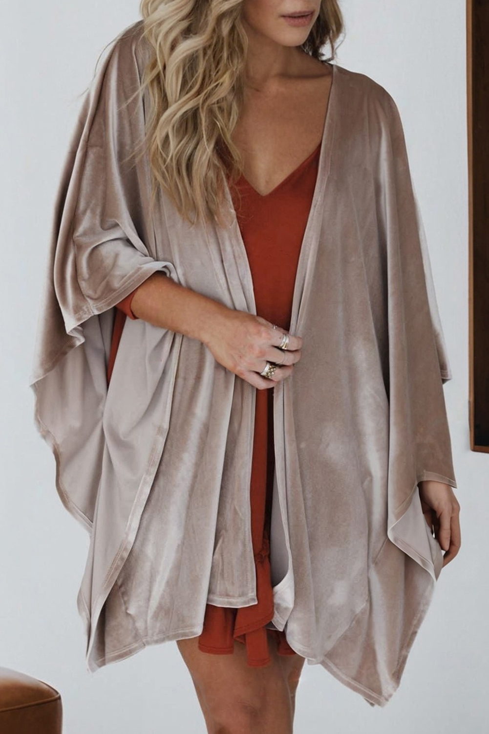 Smoke Gray 3/4 Sleeve Open Front Velvet Kimono - loveforevers