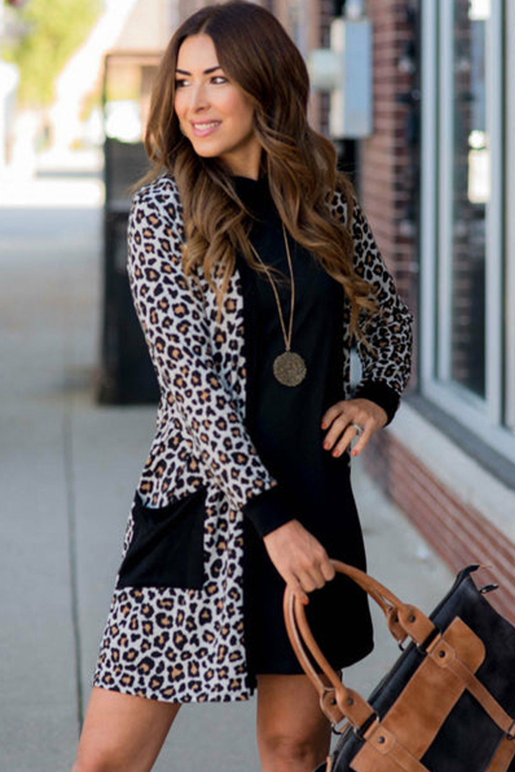 Black Leopard Patched Pocket Open Front Cardigan - loveforevers