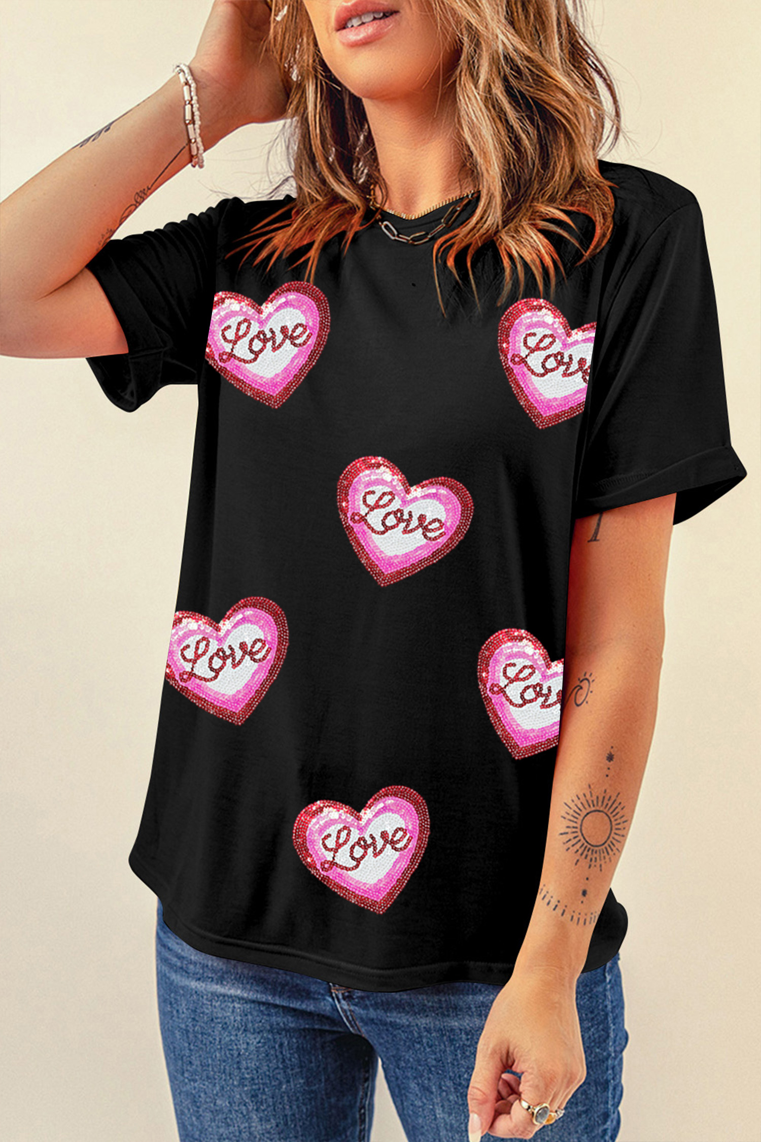 Black Sequin Love Heart Patched Crew Neck Casual Tee - loveforevers